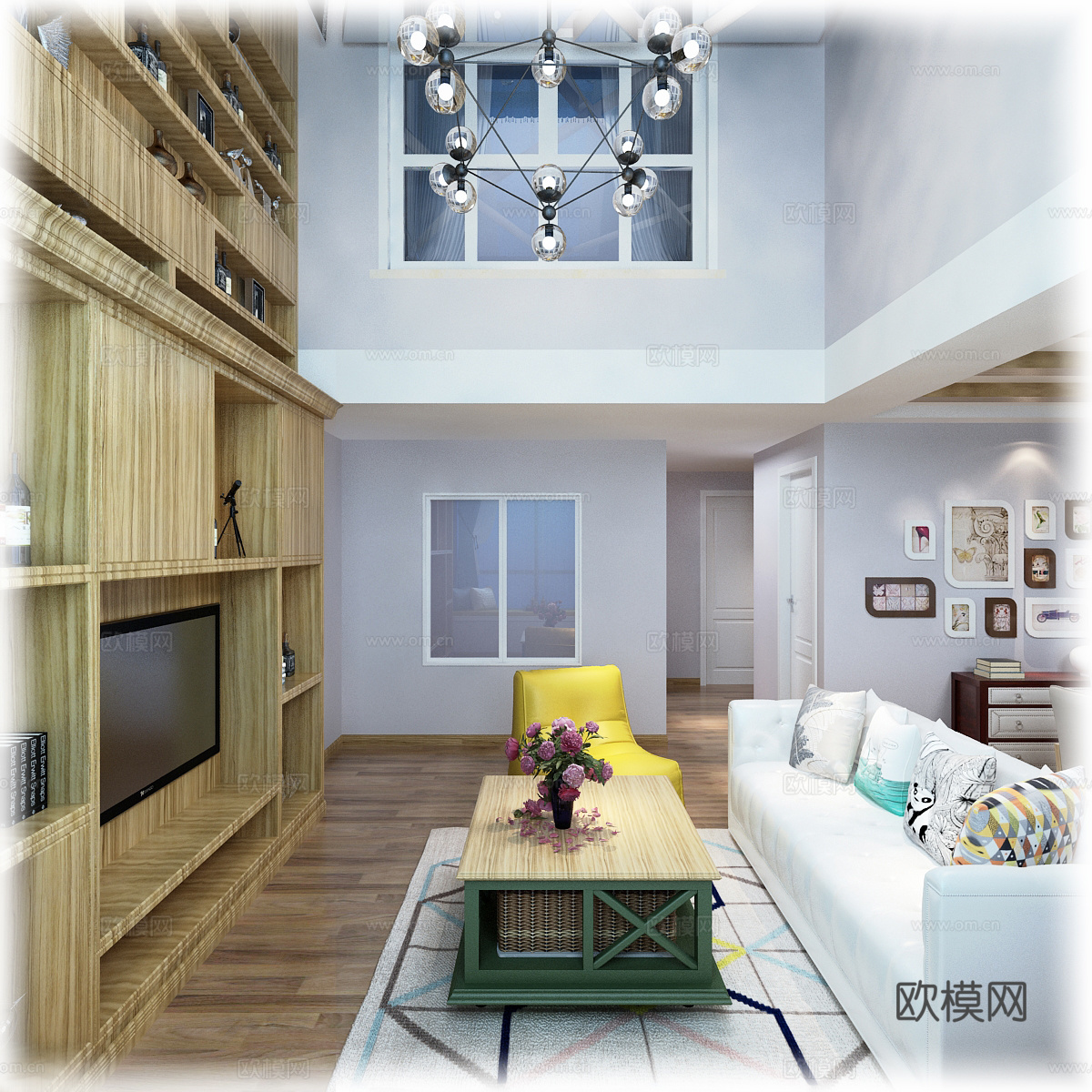 现代客厅 吊灯 多人沙发 单人沙发 橱柜 电脑桌椅3d模型