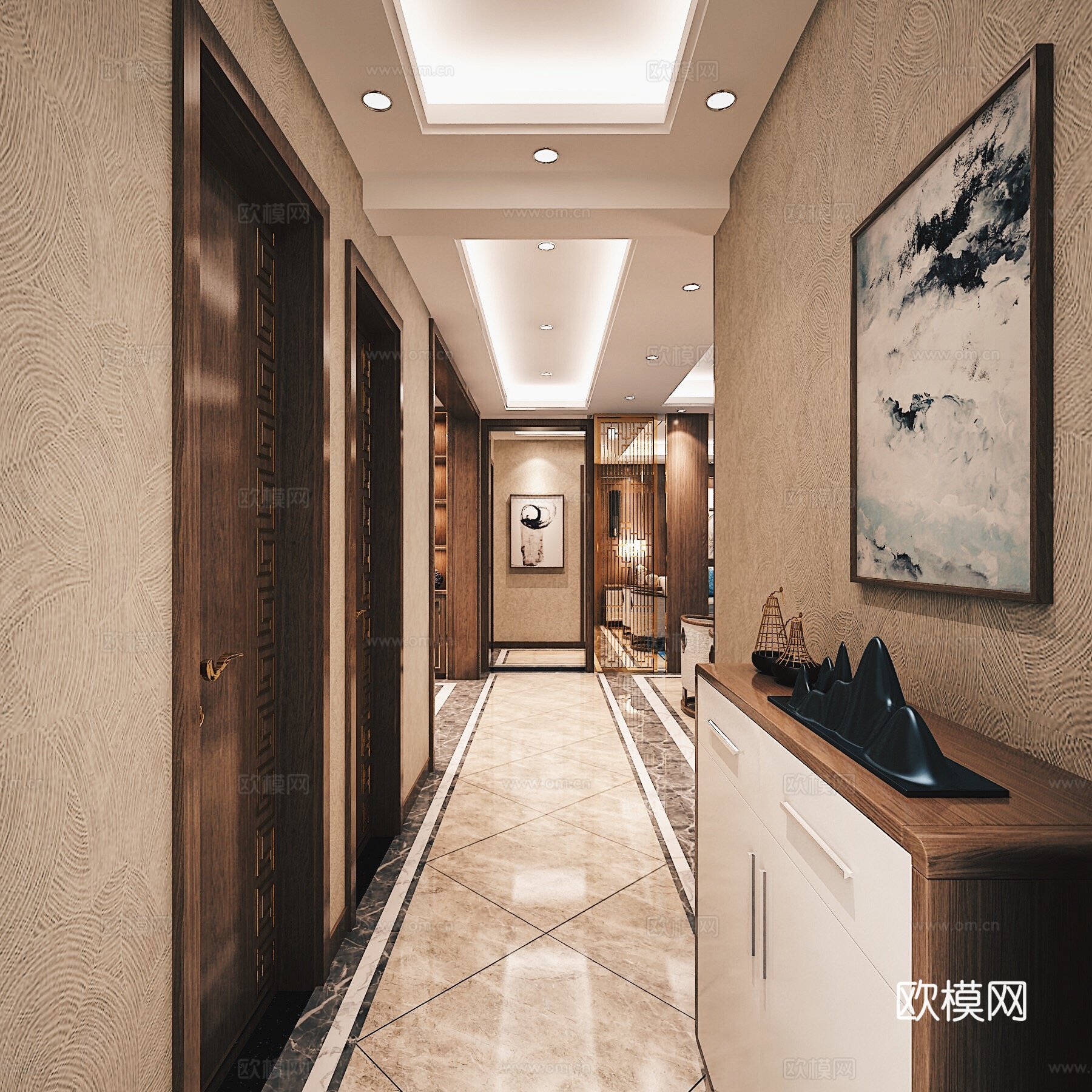 新中式客餐厅 新中式沙发 茶几 边几 电视柜 吊灯 餐桌椅3d模型