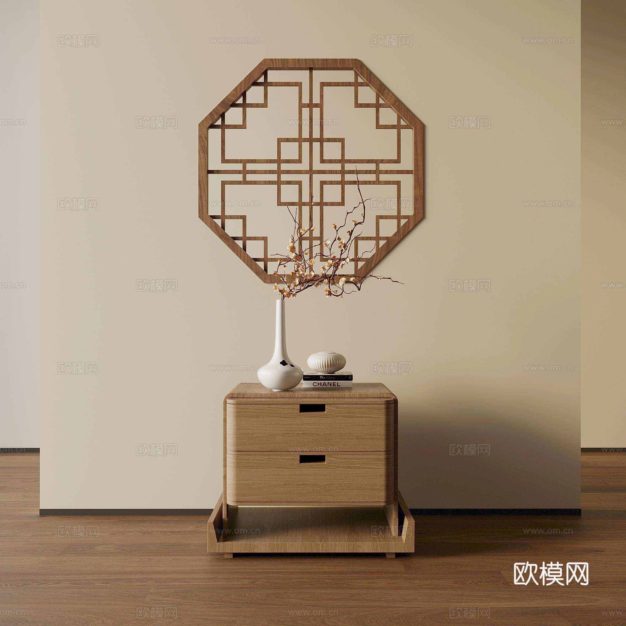 木隔窗 新中式木隔窗 边几 花艺su模型