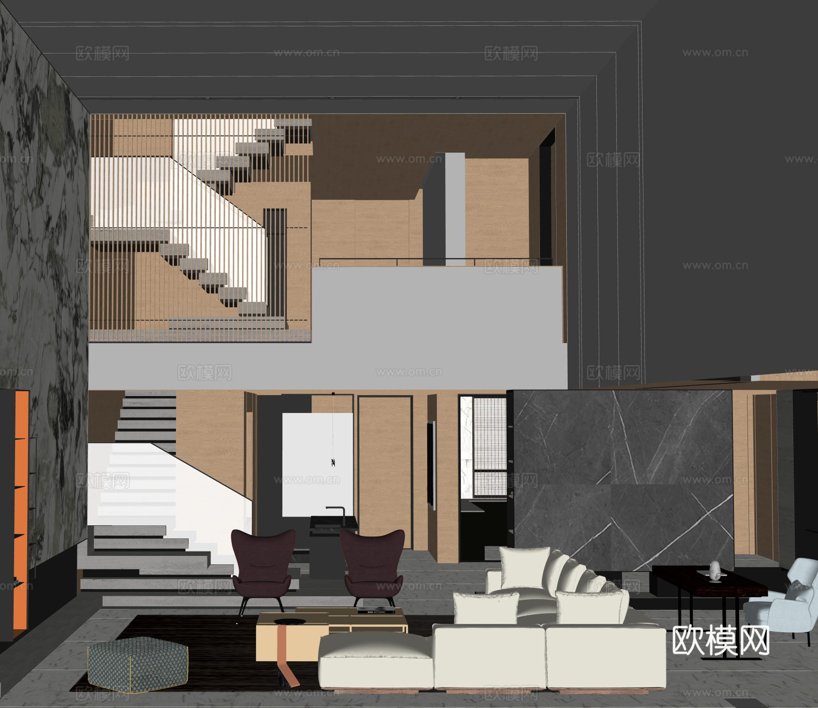 现代复式客厅su模型