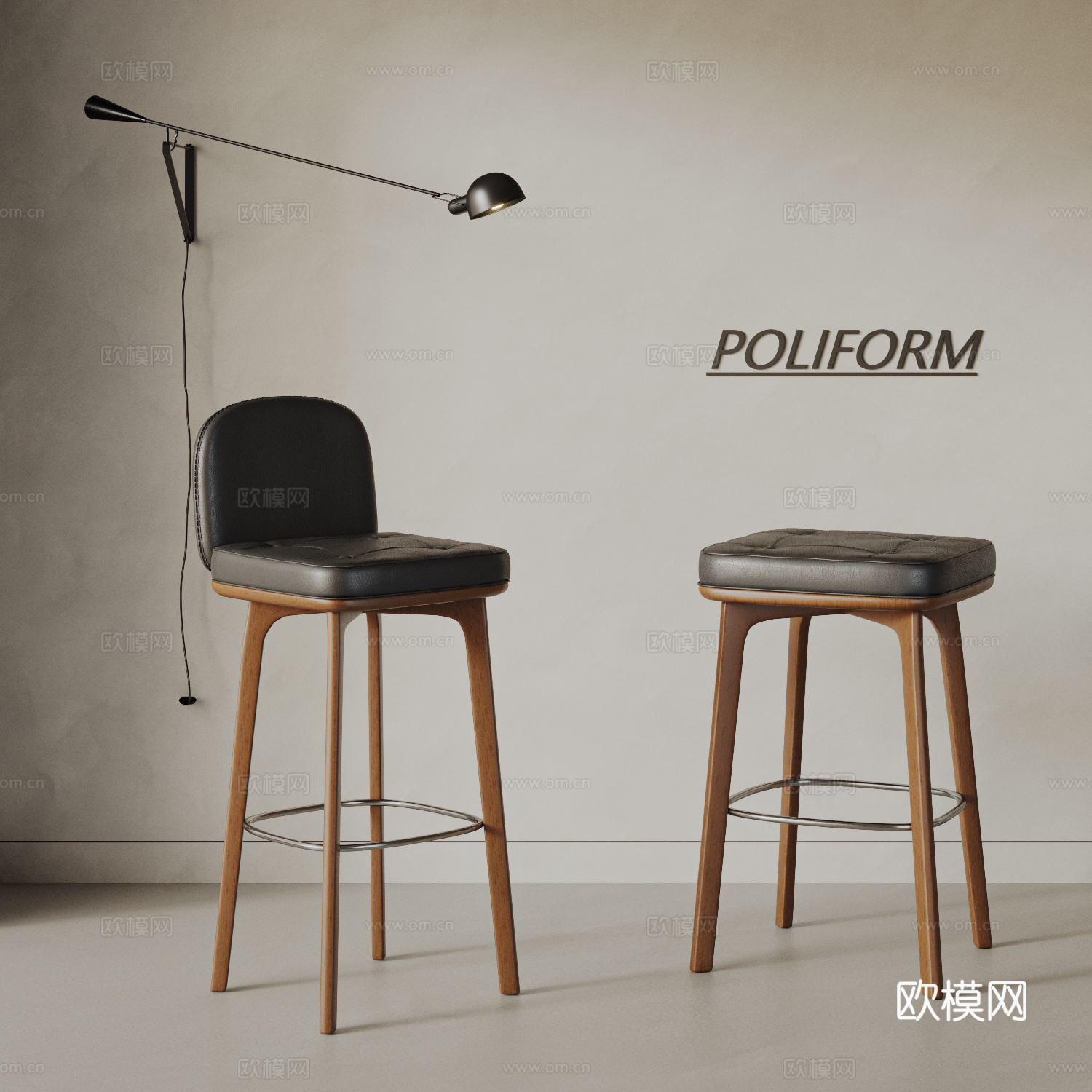 现代 中古风 吧椅组合 吧凳 吧台椅 皮革吧椅 木吧椅su模型