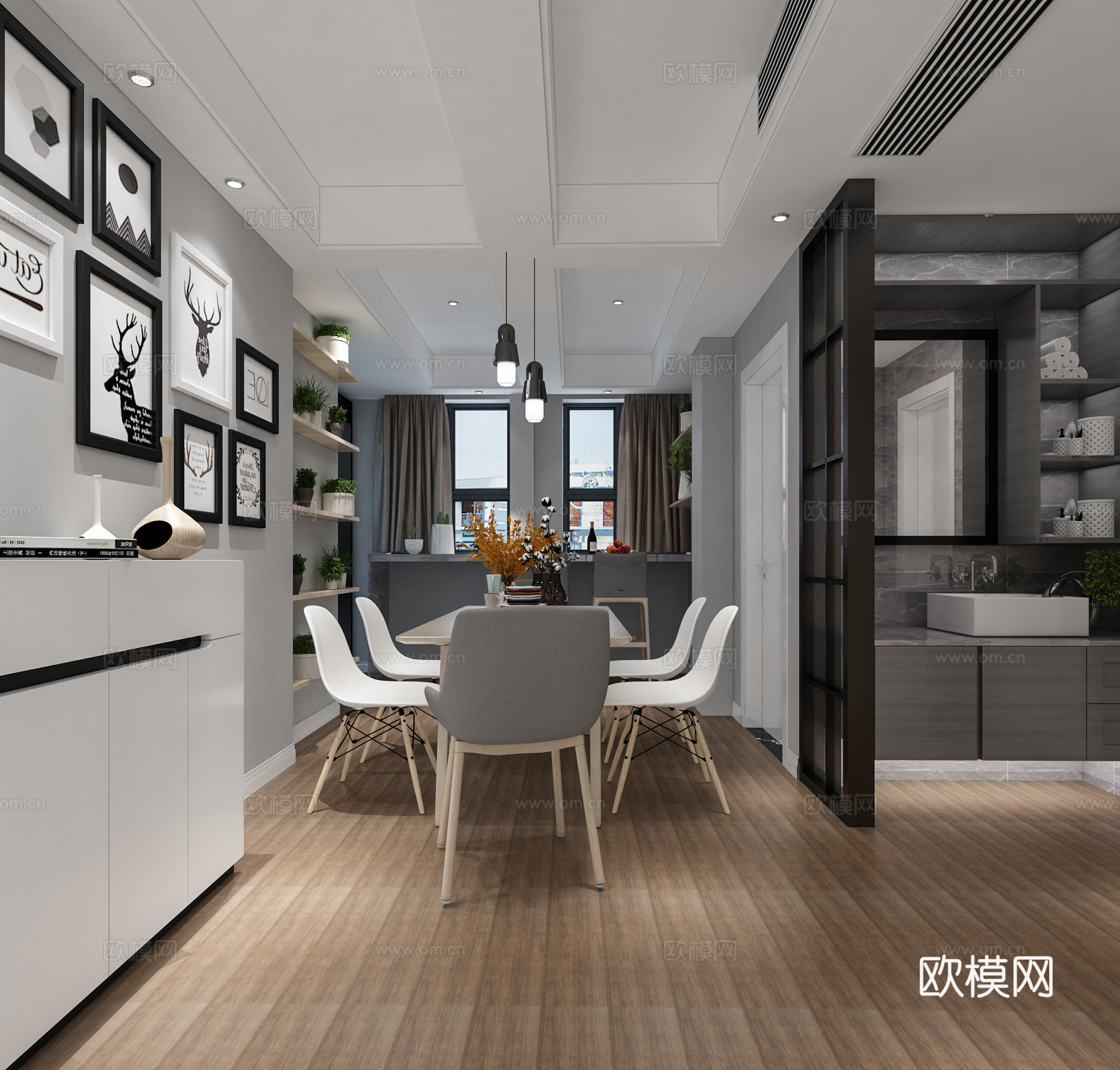 北欧客餐厅 台灯 挂画 多人沙发 单人沙发 茶几 置物架3d模型