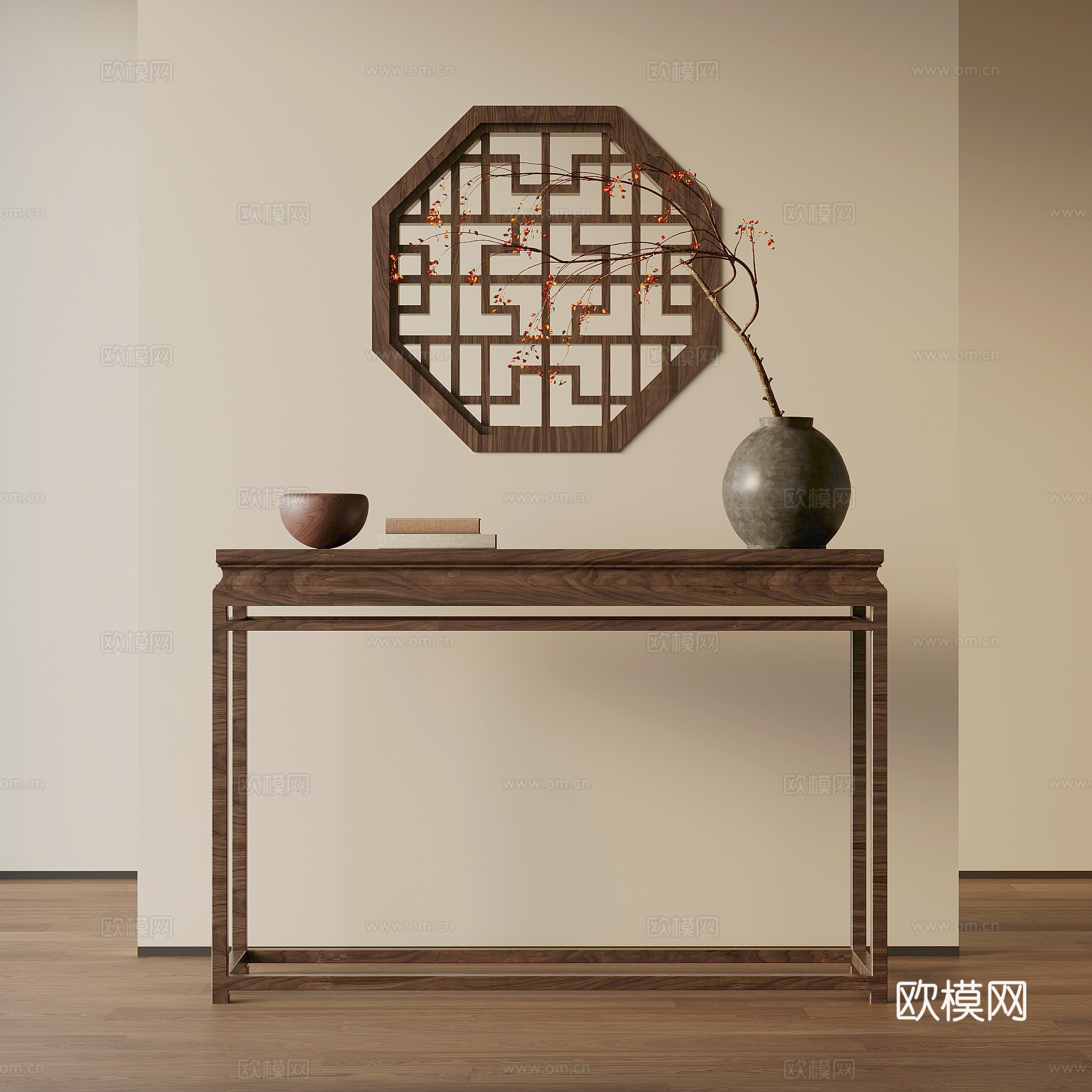 端景柜 新中式玄关柜 端景柜 木隔窗 盆景花艺su模型