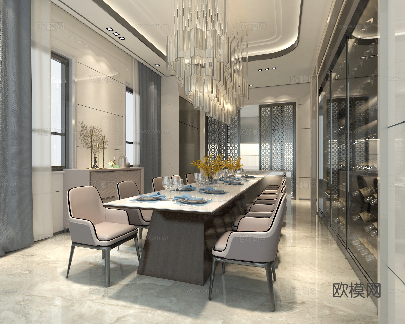 现代餐厅 餐桌椅 吊灯3d模型
