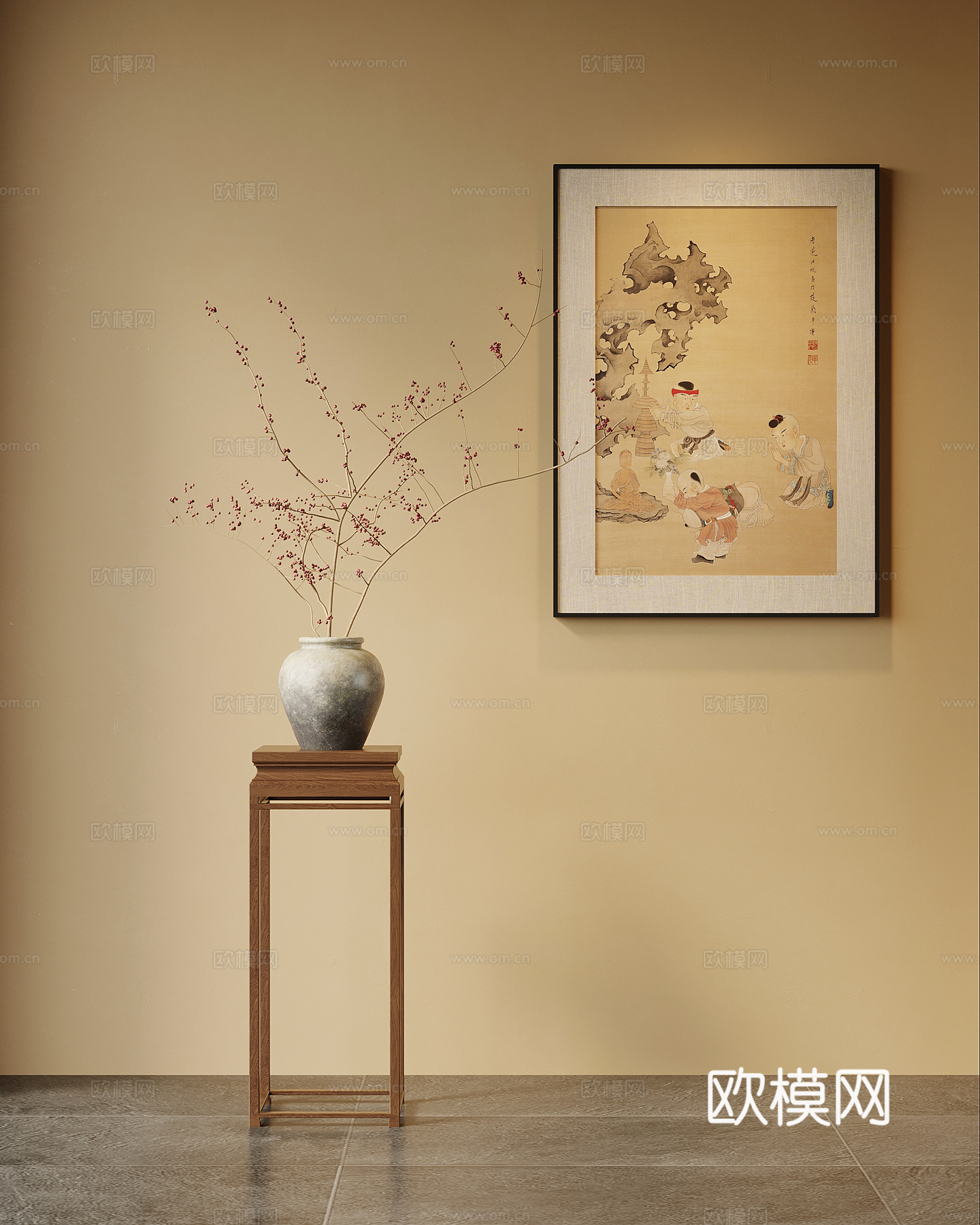 花架 新中式花架 盆景盆栽 花艺 装饰画su模型