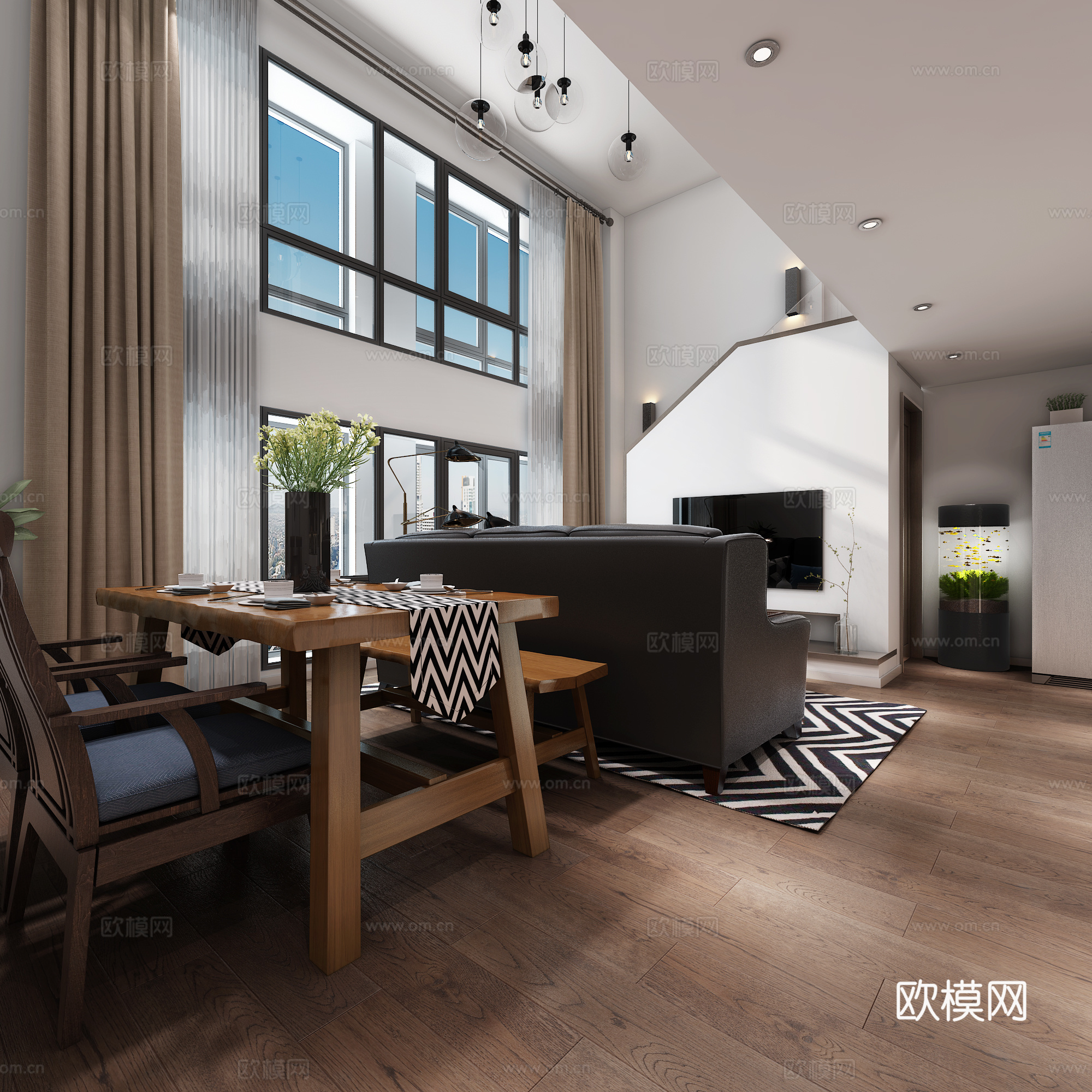 现代客厅 餐桌椅 书柜 电视柜 吊灯 沙发 物件摆件3d模型