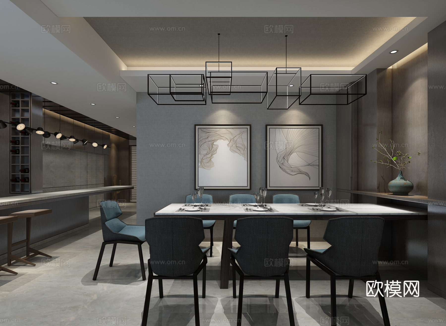 餐厅 有氛围 好看餐厅 吧台 厨房3d模型