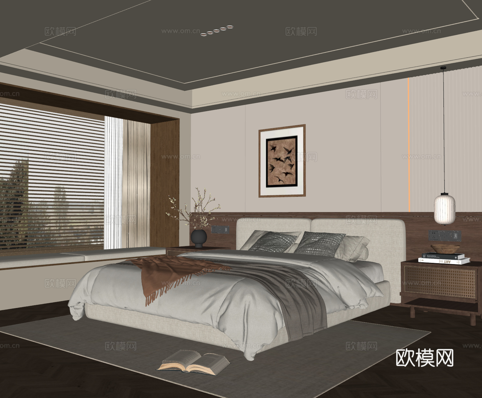 中古风卧室 布艺双人床 床头柜 吊灯 挂画 地毯su模型