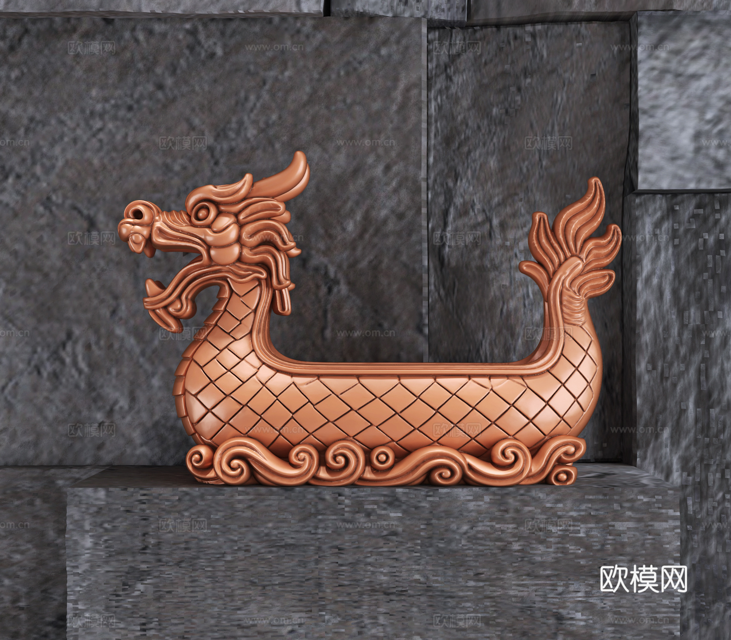 现代新中式云纹龙舟雕塑摆件3d模型
