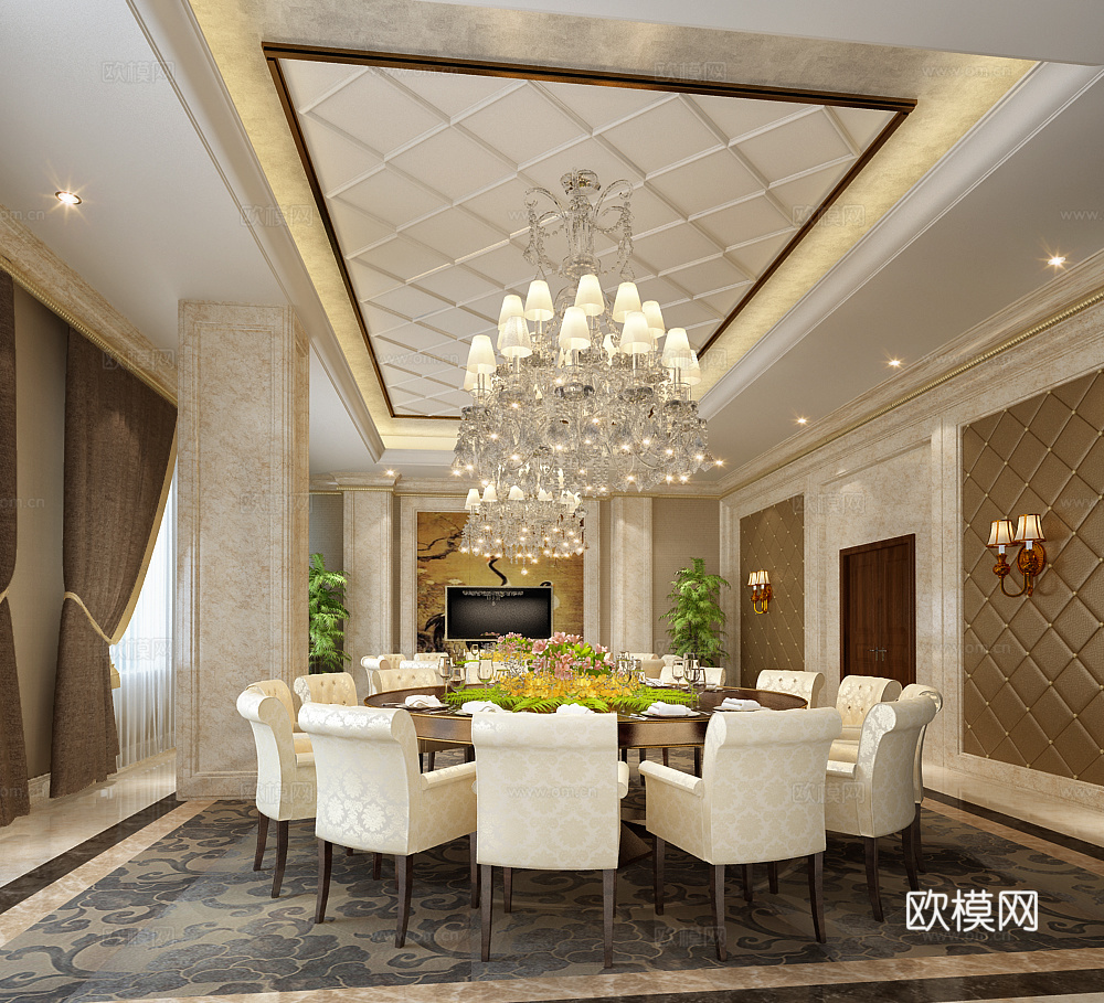 欧式公装餐厅 欧式水晶吊灯 欧式餐桌椅子 软包 壁灯3d模型