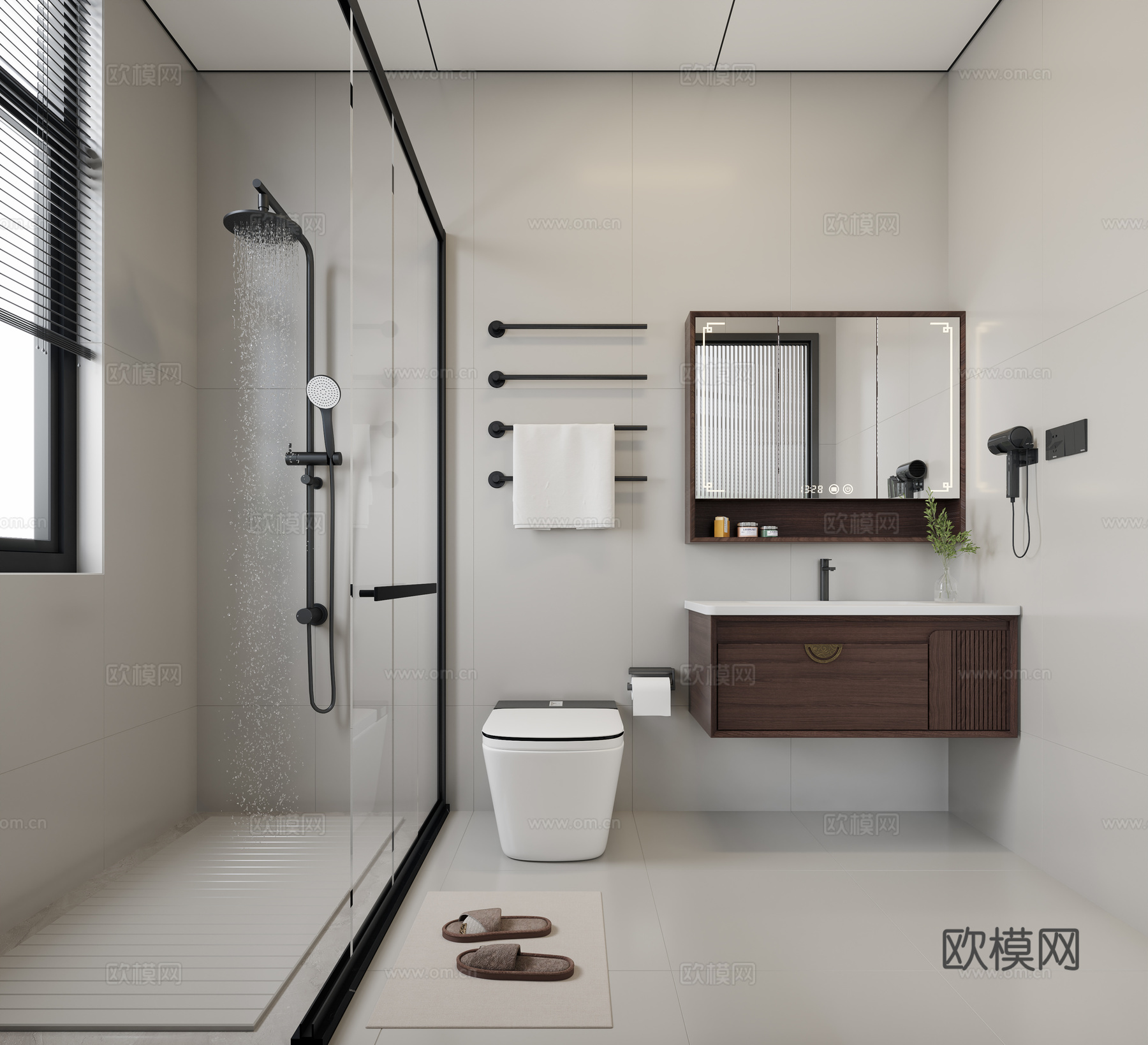 中式卫生间  中式浴室柜  中式干湿分离卫生间3d模型