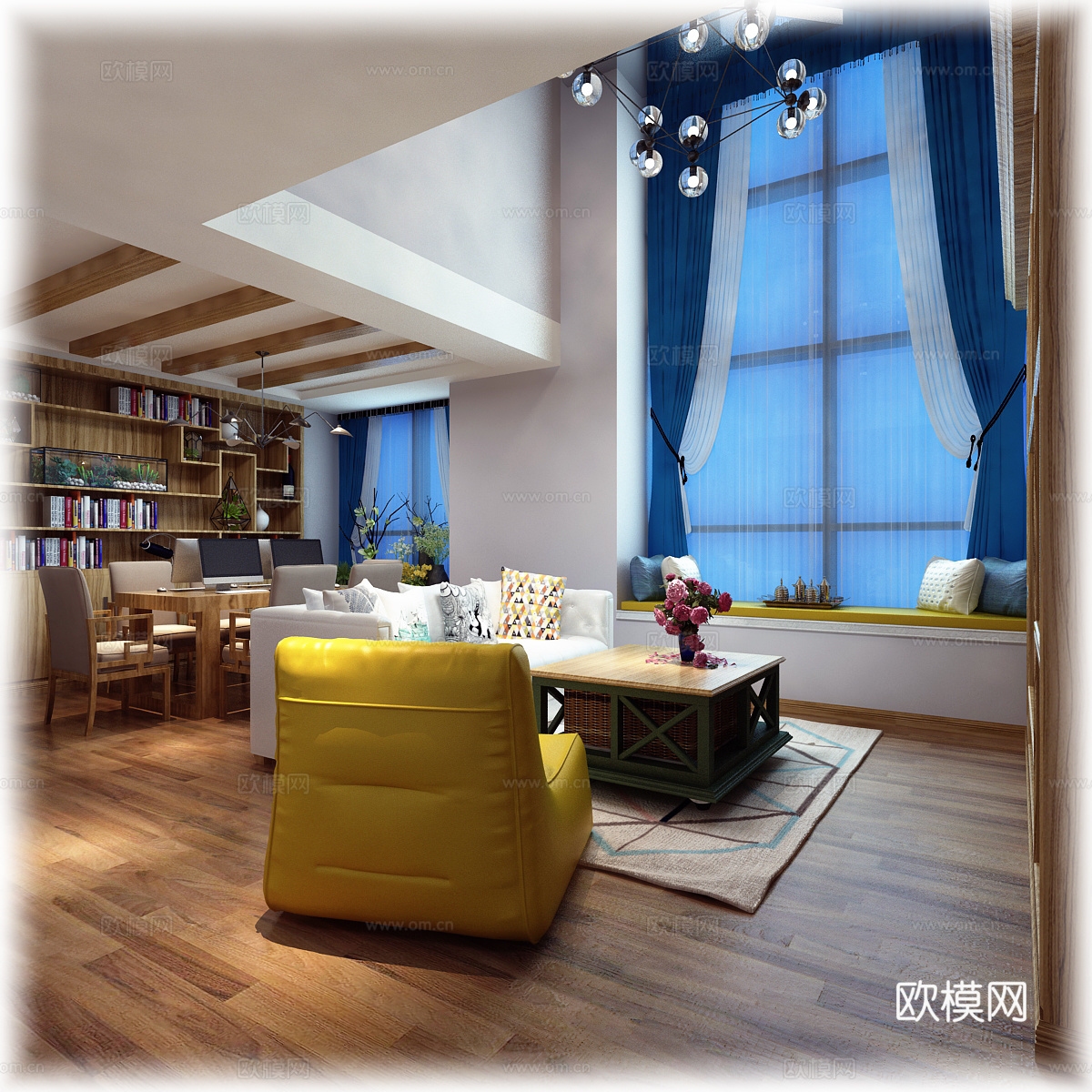 现代客厅 吊灯 多人沙发 单人沙发 橱柜 电脑桌椅3d模型