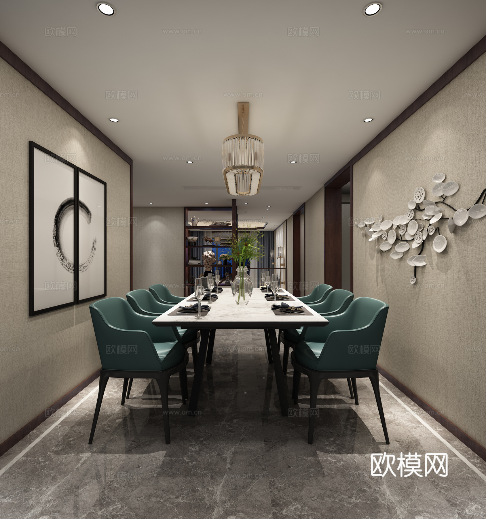新中式客餐厅 吊灯 多人沙发 茶几 置物架 摆件 挂画3d模型