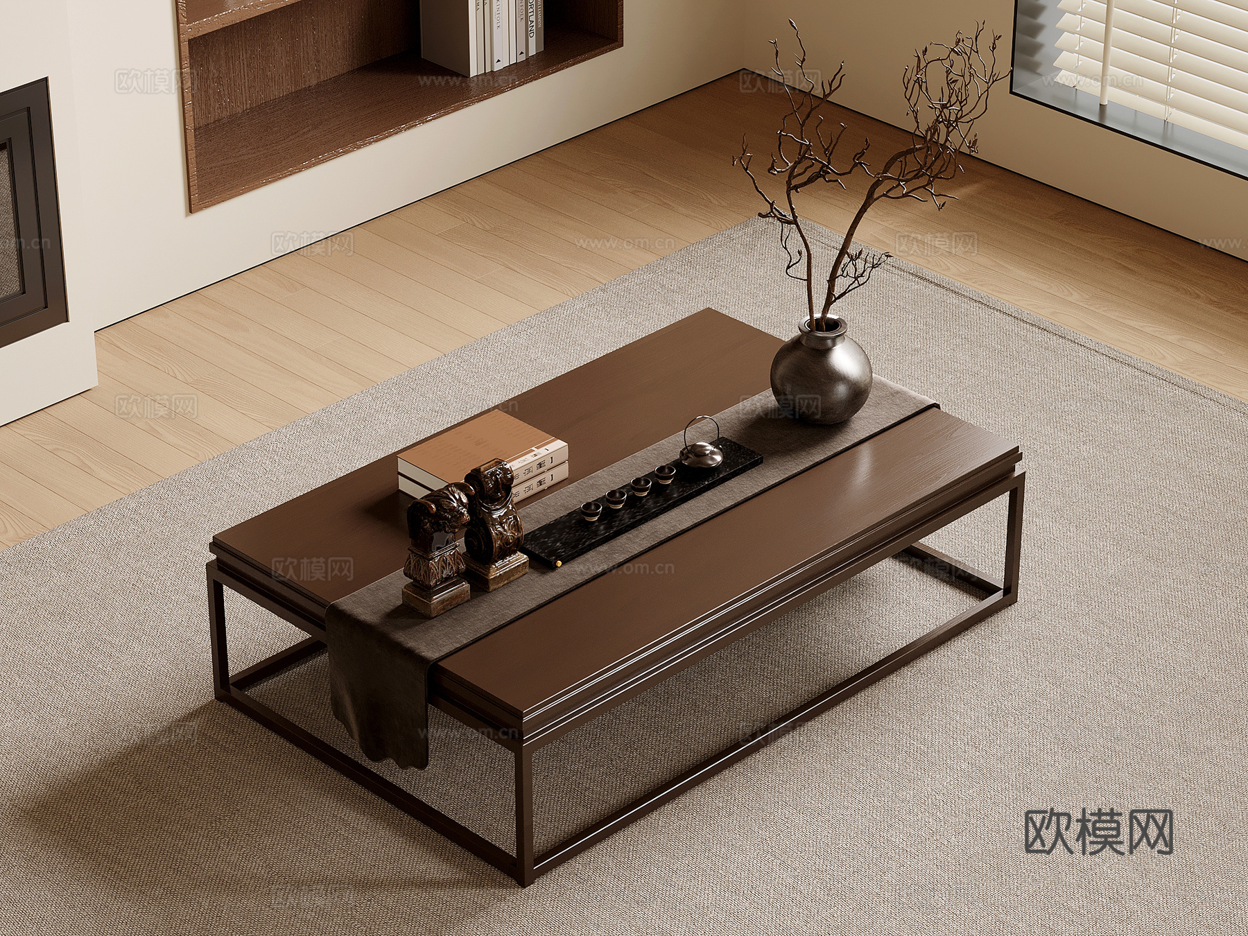 茶几 新中式茶几 植物盆景 摆件3d模型