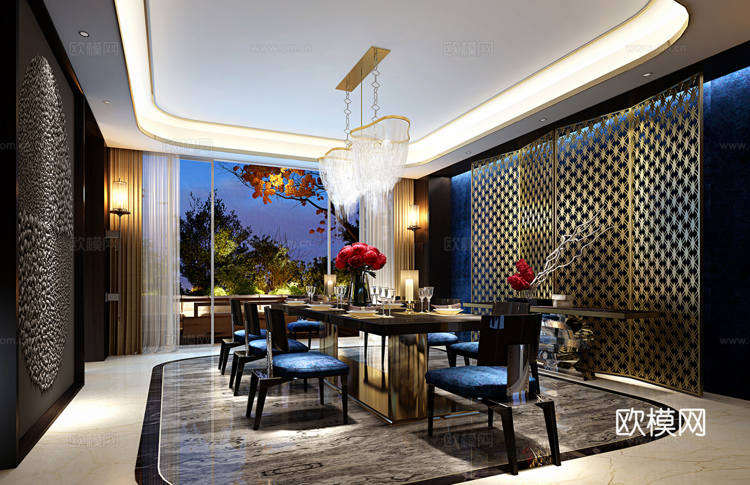 后现代餐厅  餐桌椅组合 吊灯 地毯3d模型