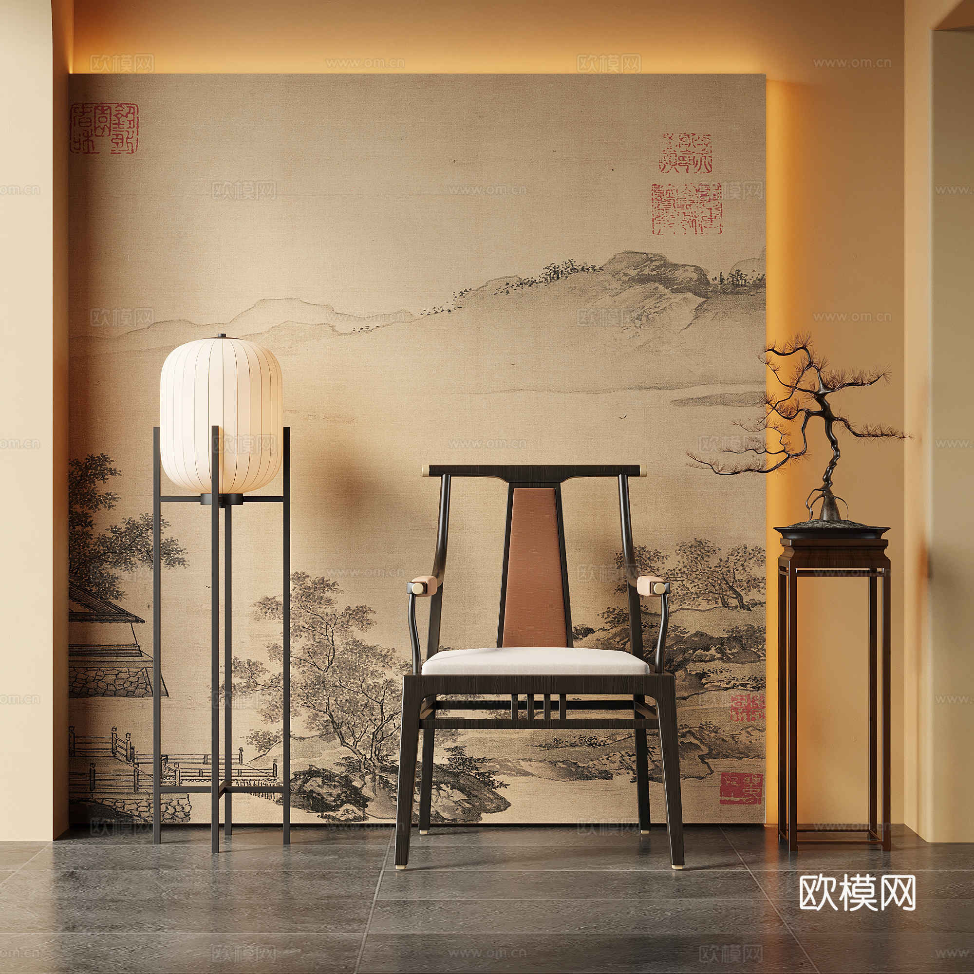 餐椅 新中式休闲椅 餐椅 落地灯 花架盆景su模型