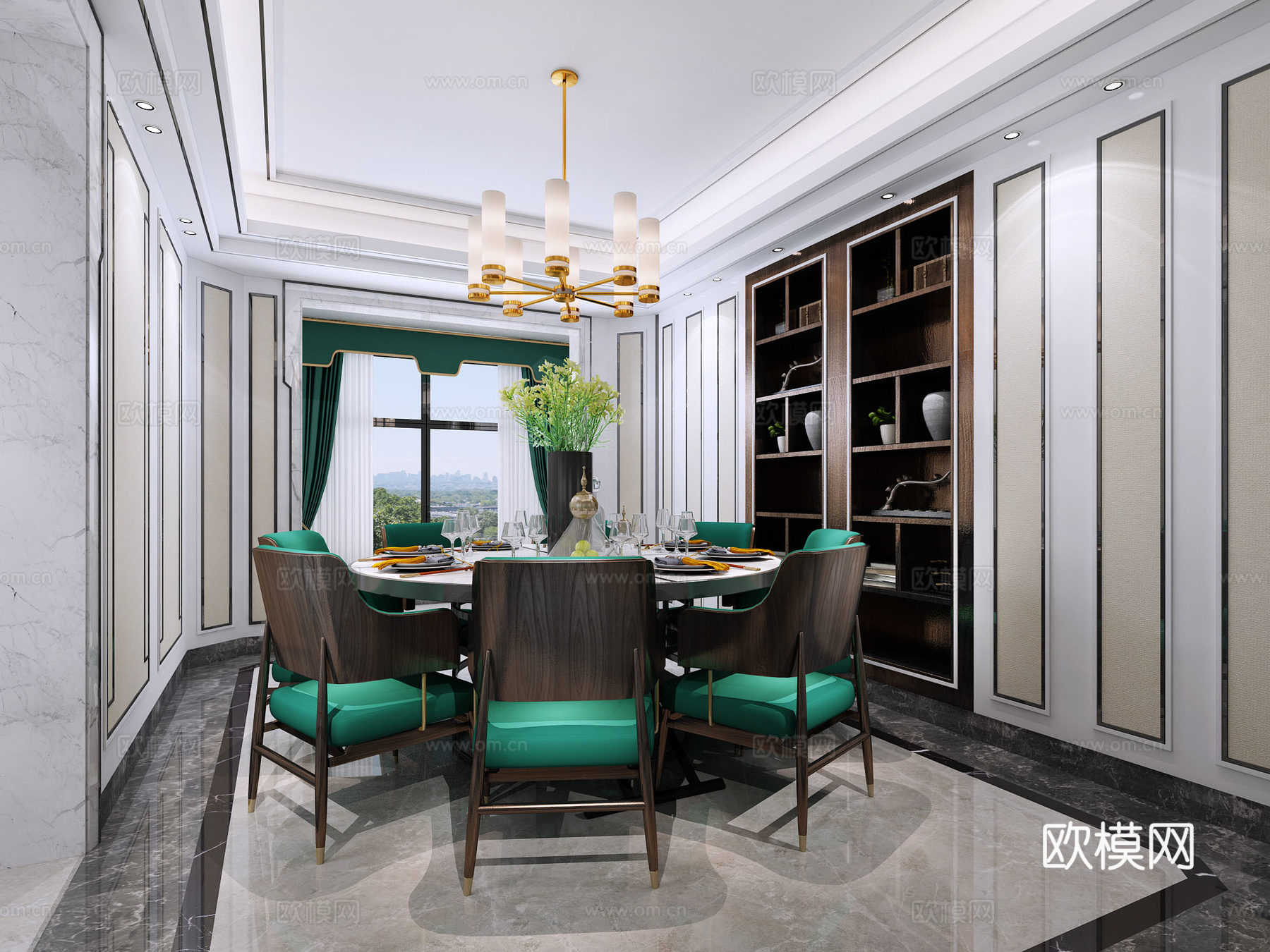 新中式餐厅 餐桌椅 护墙板 中式吊灯 绿色 绿色窗帘 花3d模型