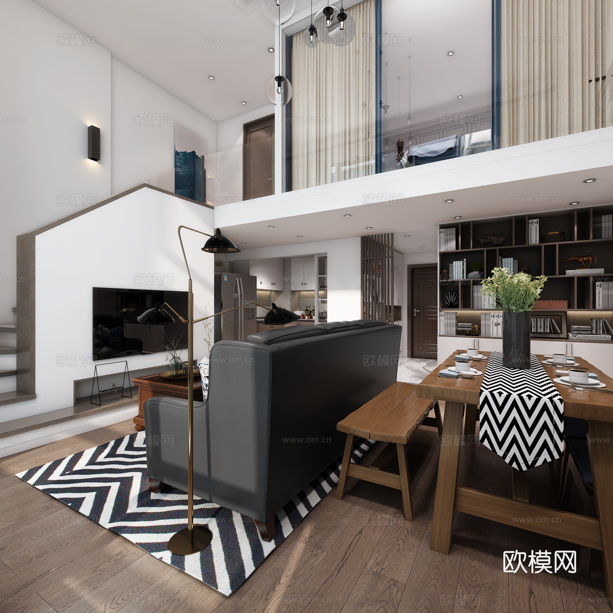 现代客厅 餐桌椅 书柜 电视柜 吊灯 沙发 物件摆件3d模型
