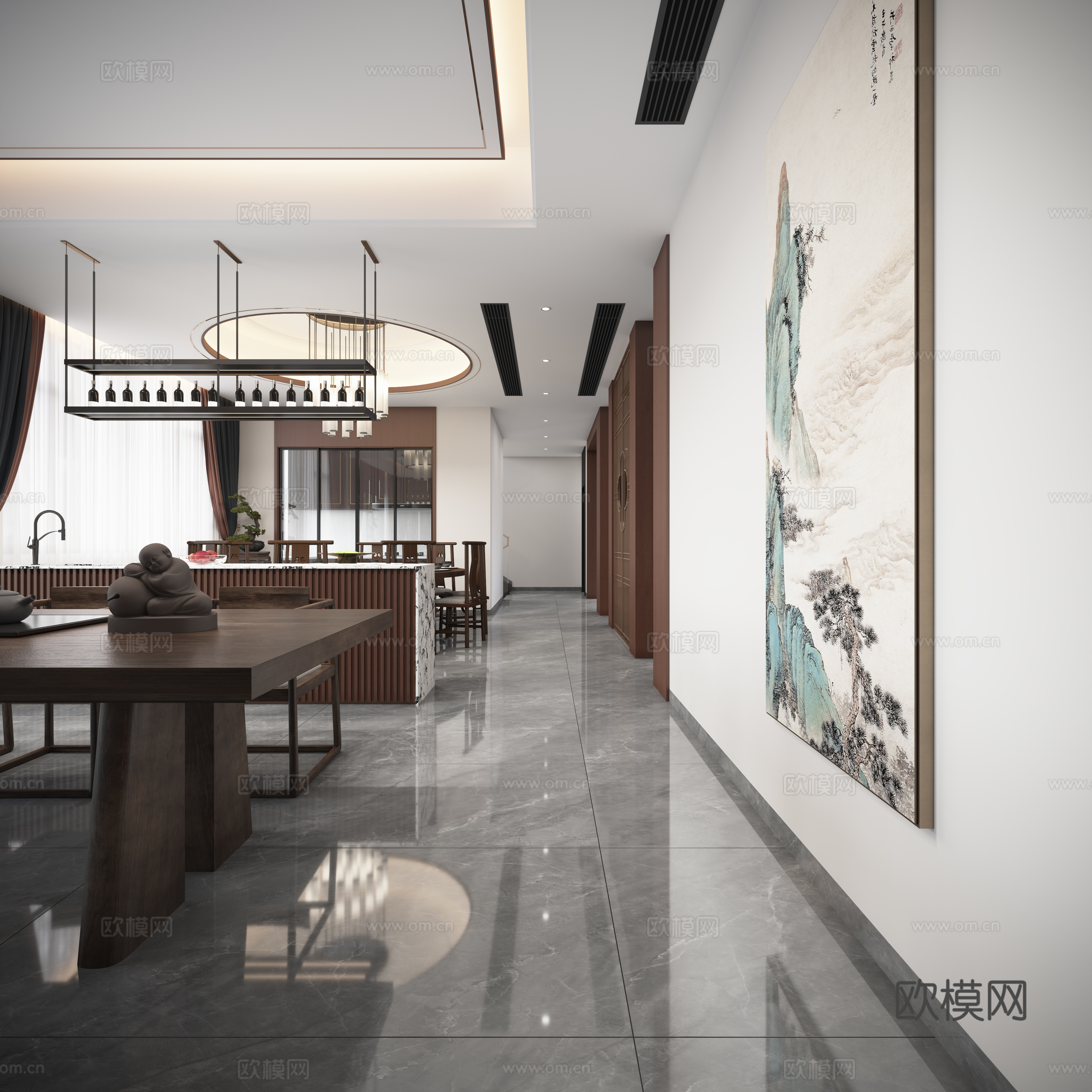 新中式餐厅走廊    新中式圆桌餐厅3d模型