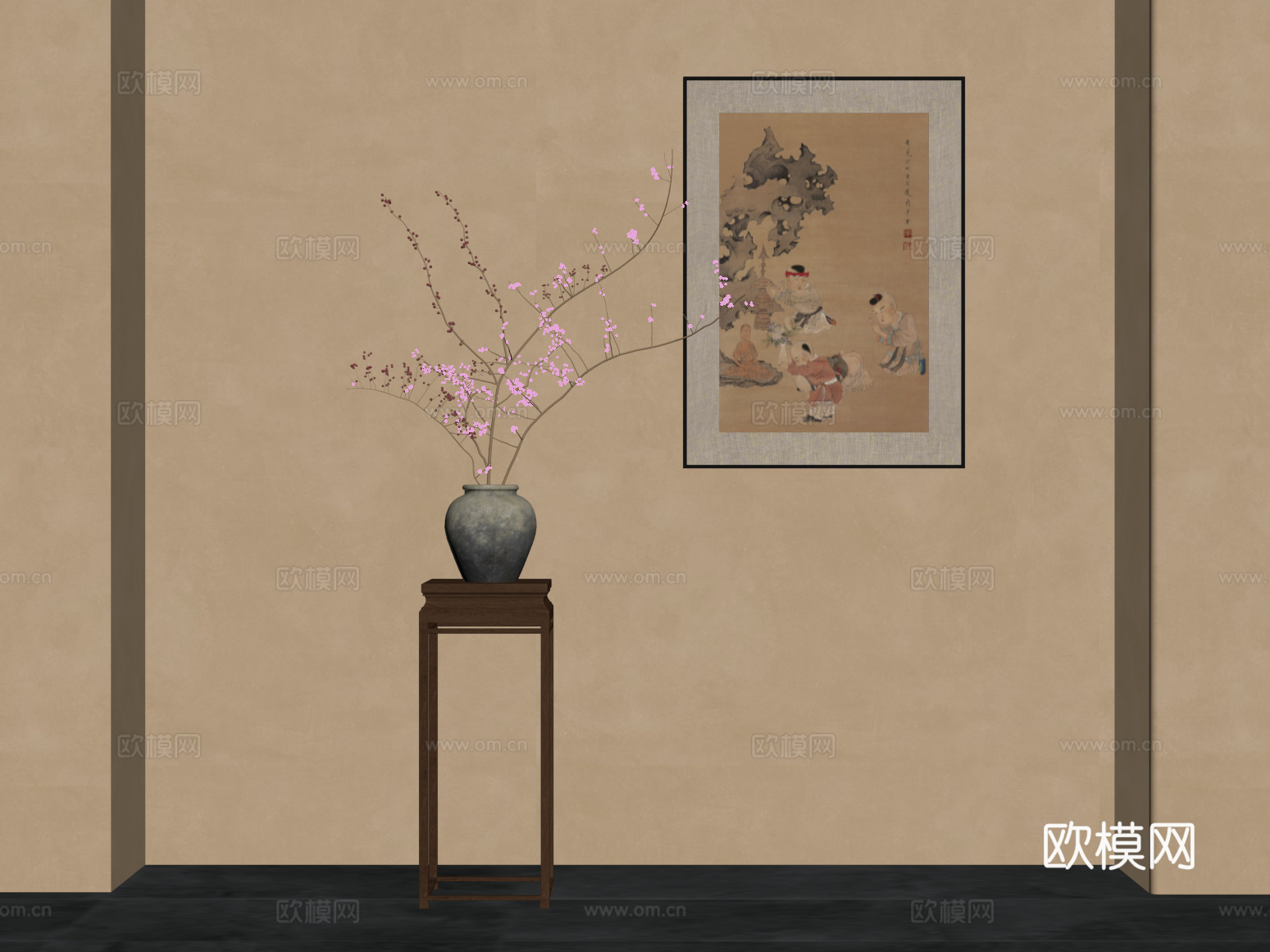 花架 新中式花架 盆景盆栽 花艺 装饰画su模型