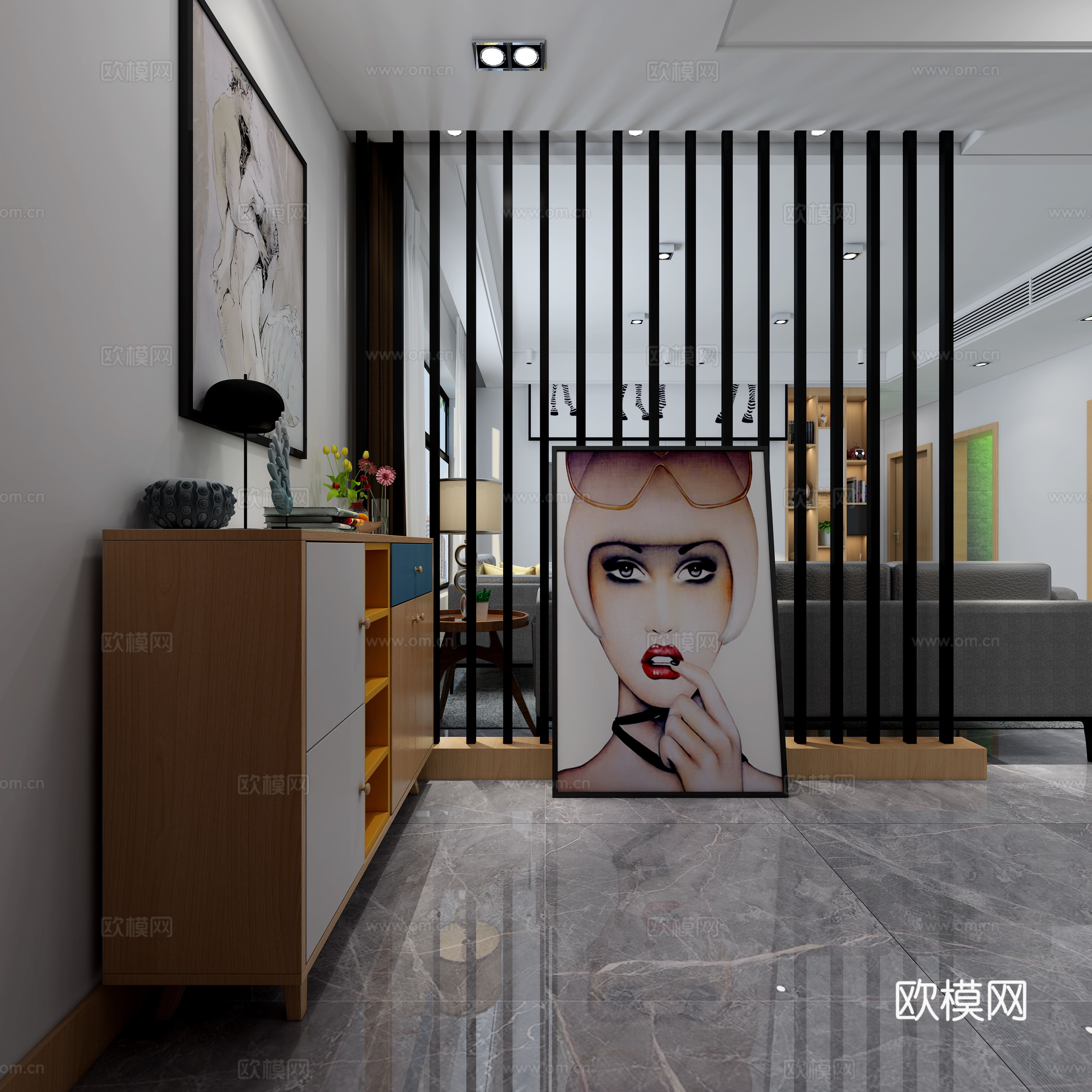 北欧玄关客厅卧室 玄关柜 挂画 隔断 双人床 吊灯 多人3d模型