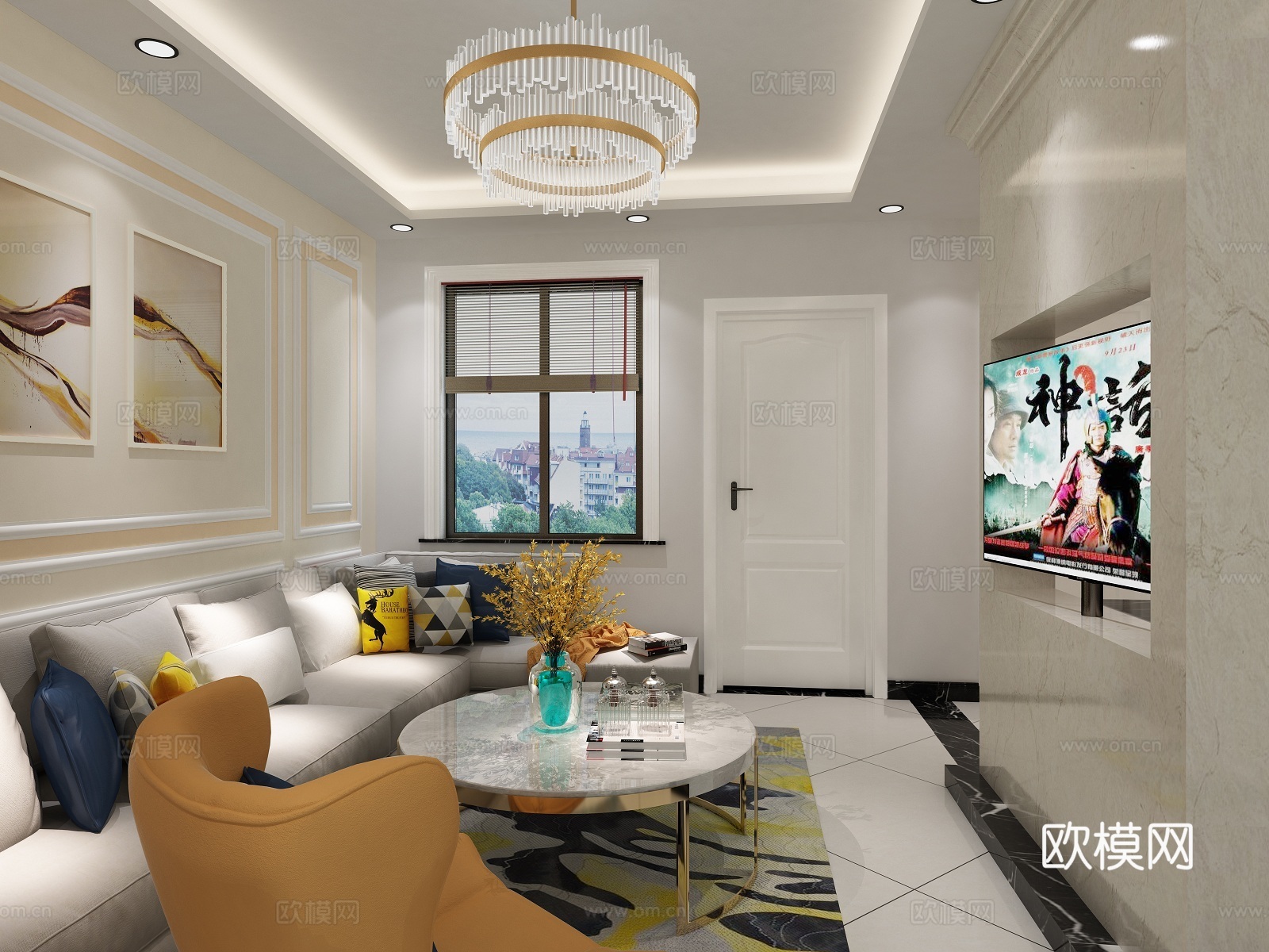 现代客厅吧台 吊灯 多人沙发 单人沙发 茶几 挂画 高脚椅3d模型