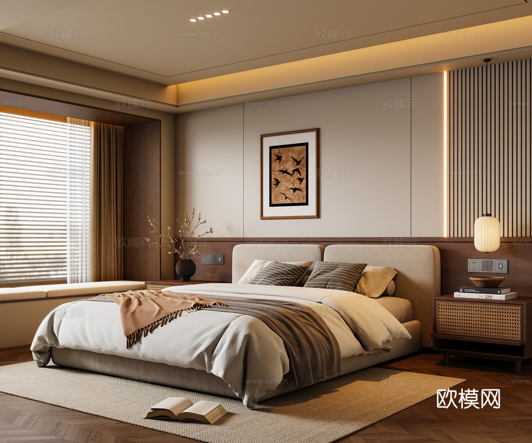 中古风卧室 布艺双人床 床头柜 吊灯 挂画 地毯3d模型