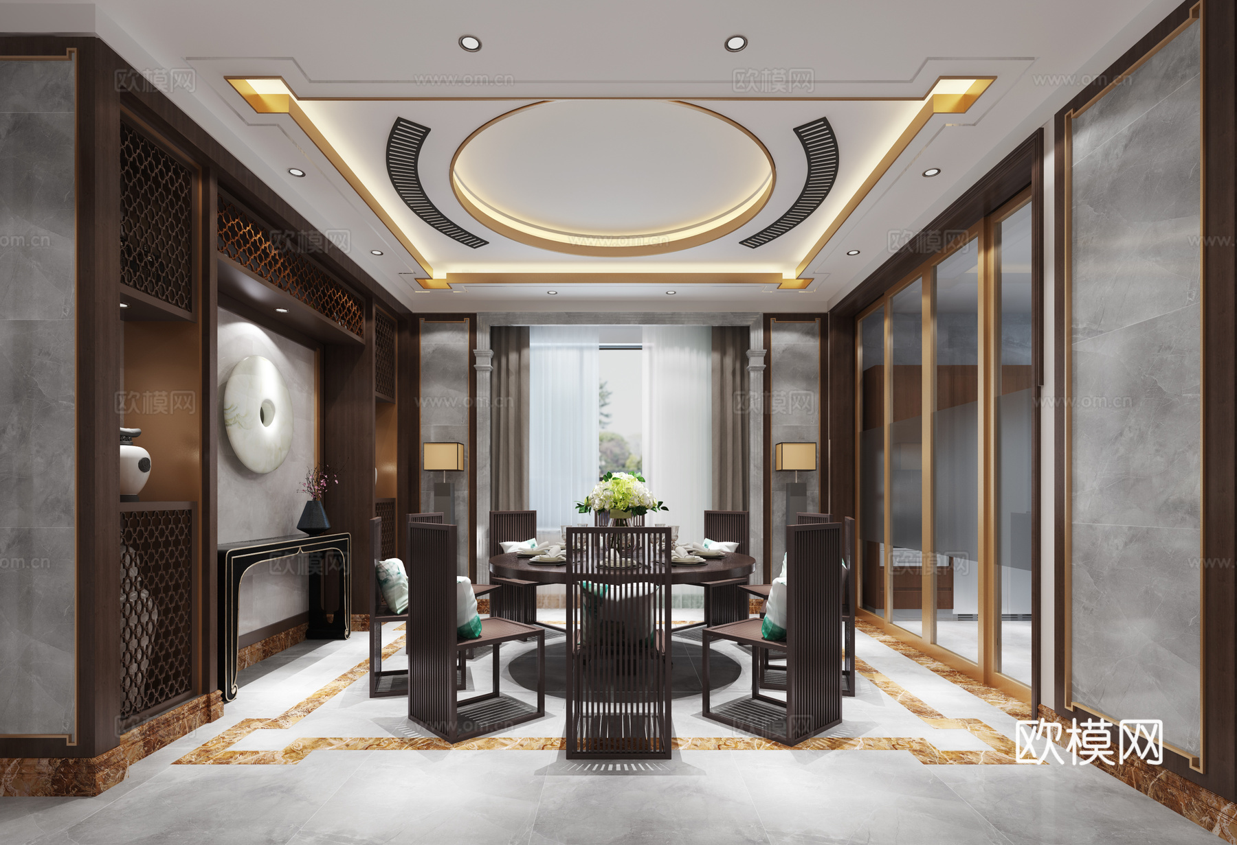 新中式别墅餐厅 餐桌椅3d模型