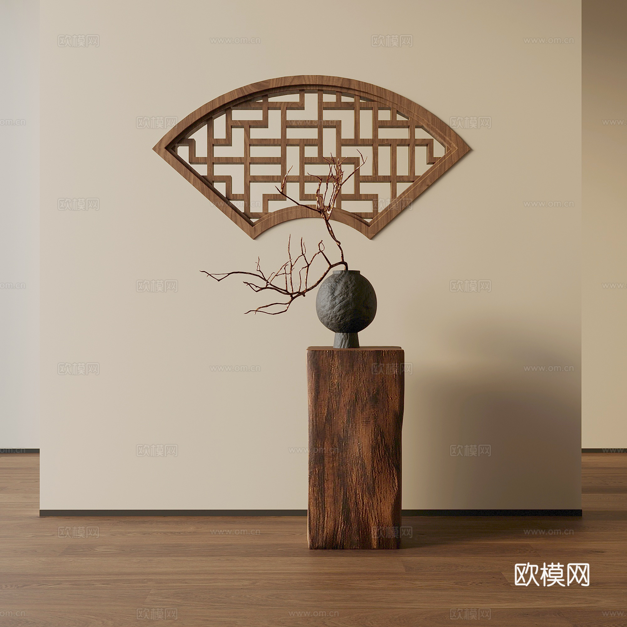 木隔窗 新中式木隔窗 边几 花艺 干枝su模型