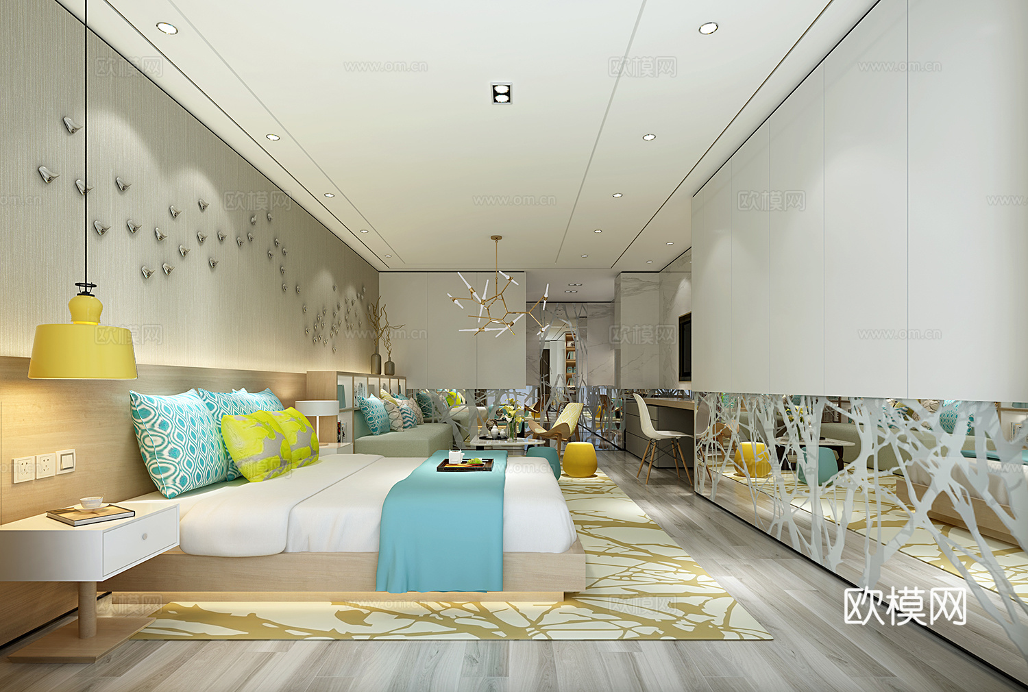 现代LOFT客厅卧室 双人床 沙发茶几 吊灯 装饰墙 书桌椅3d模型