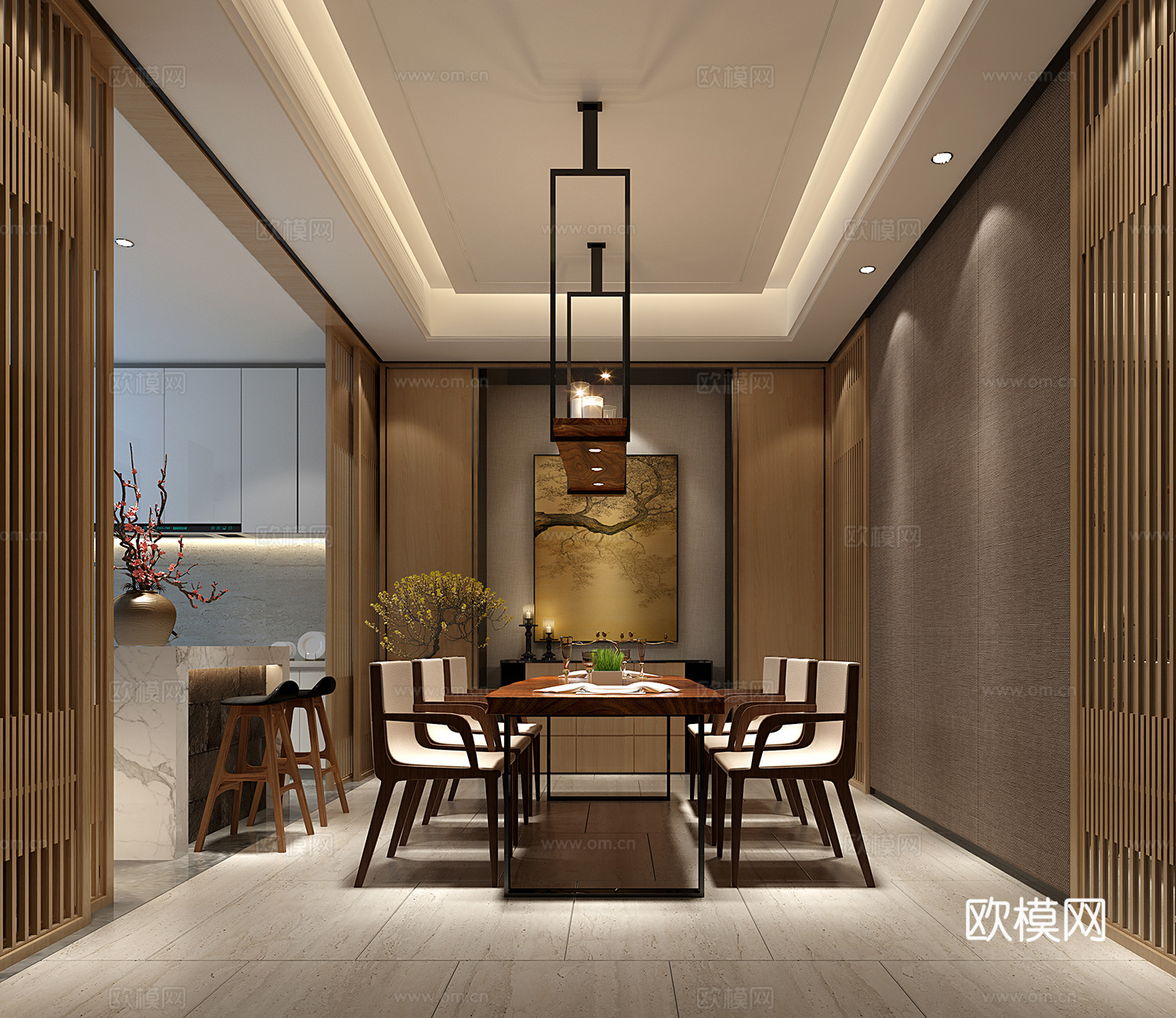 新中式餐厅 餐桌椅组合3d模型