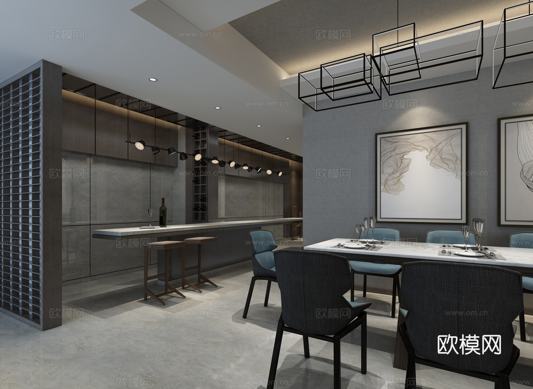 餐厅 有氛围 好看餐厅 吧台 厨房3d模型