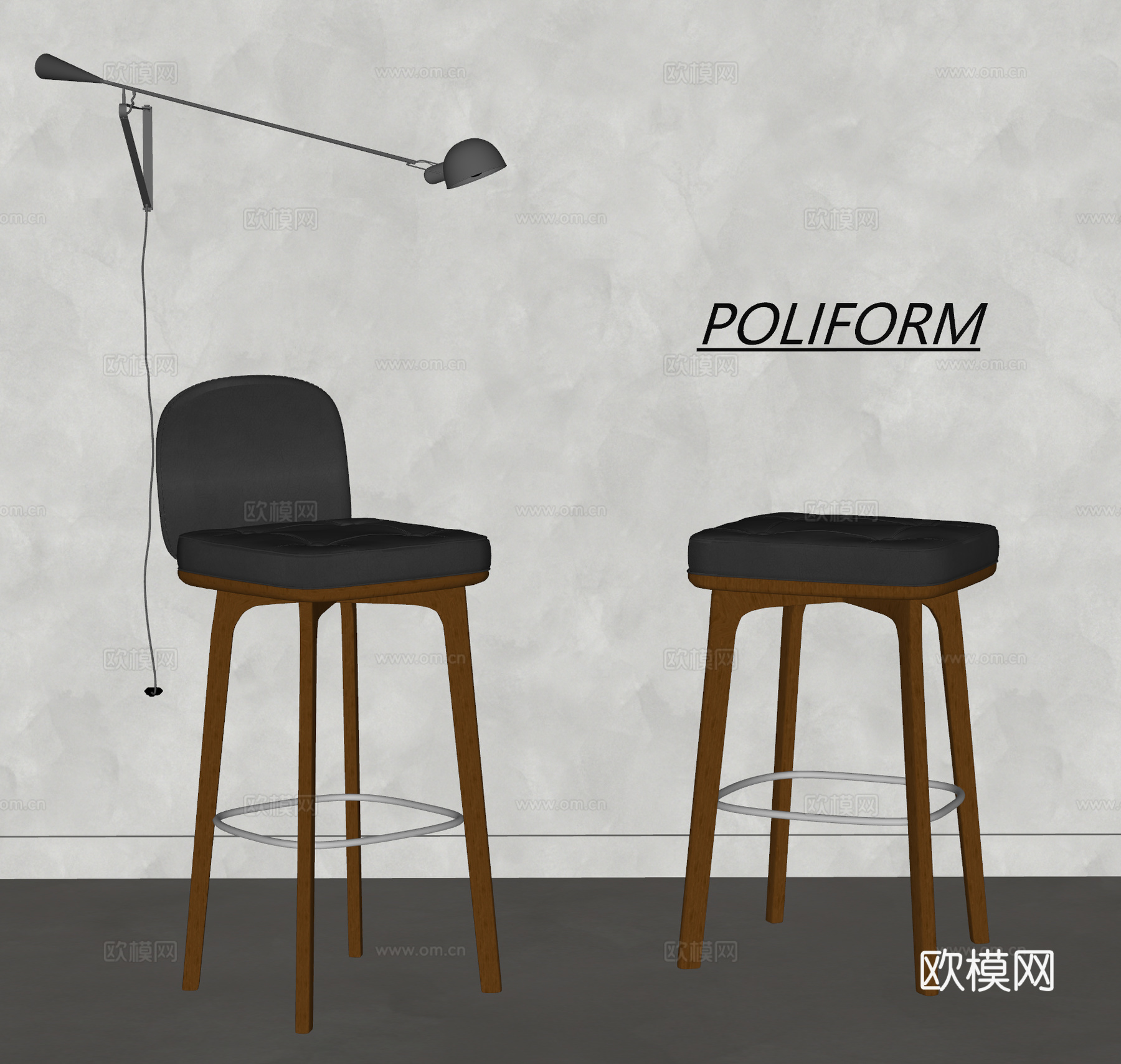 现代 中古风 吧椅组合 吧凳 吧台椅 皮革吧椅 木吧椅su模型
