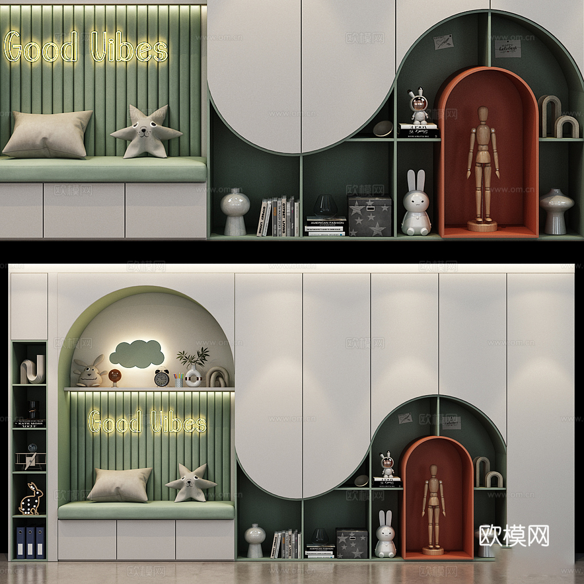 现代意式奶油风儿童衣柜 儿童书柜组合3d模型