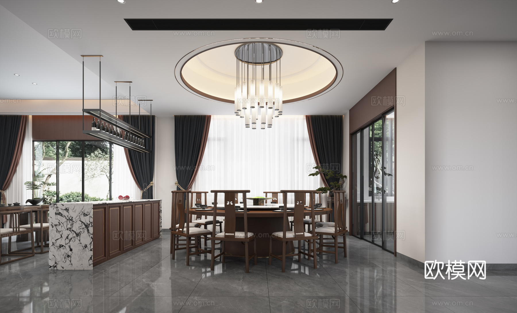 新中式餐厅走廊    新中式圆桌餐厅3d模型