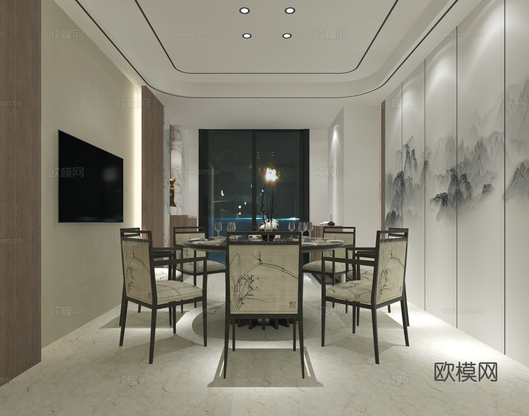 新中式餐厅 背景墙 橱柜3d模型