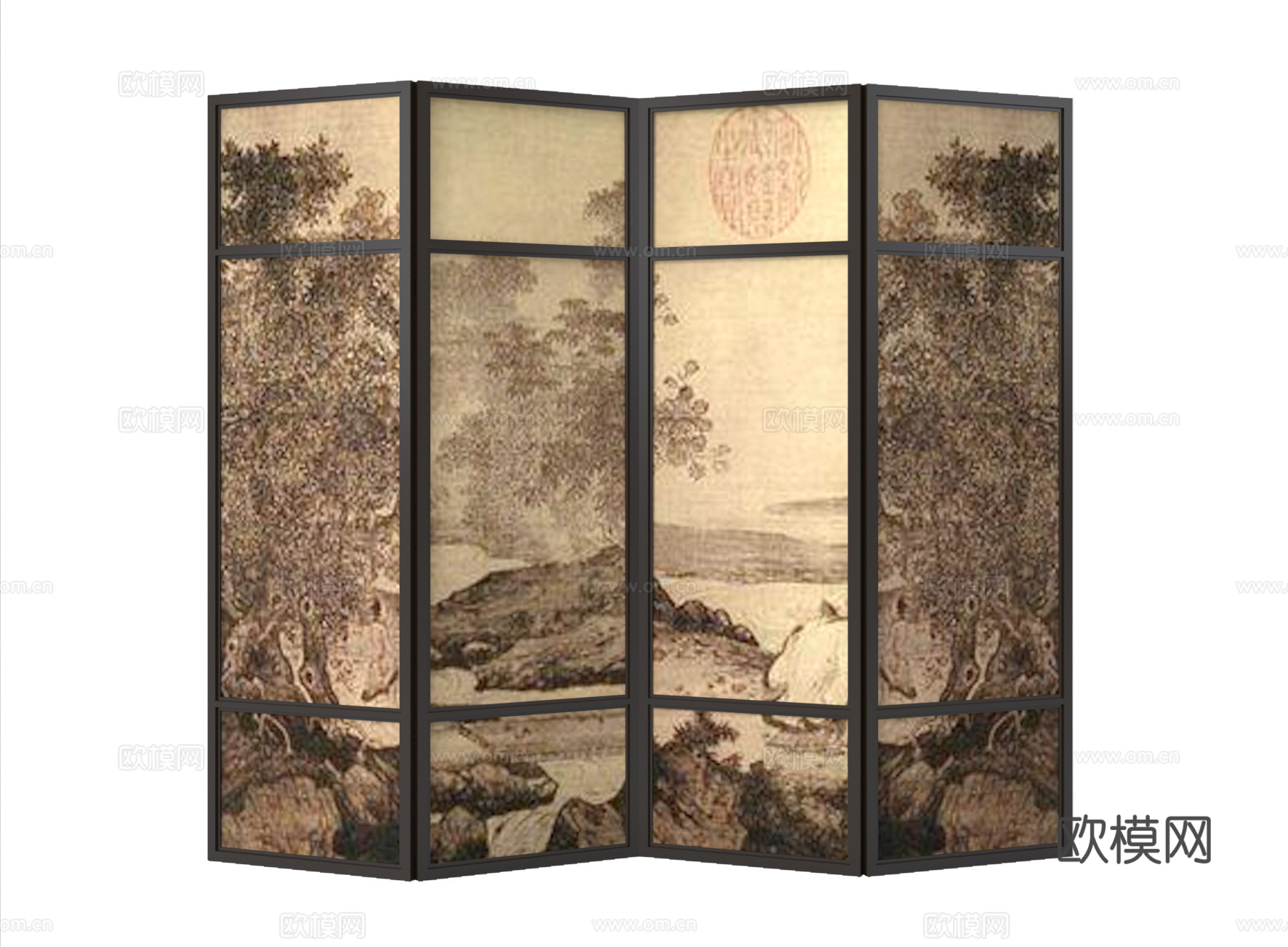 折叠屏风 壁画屏风 隔断 水墨画屏风su模型