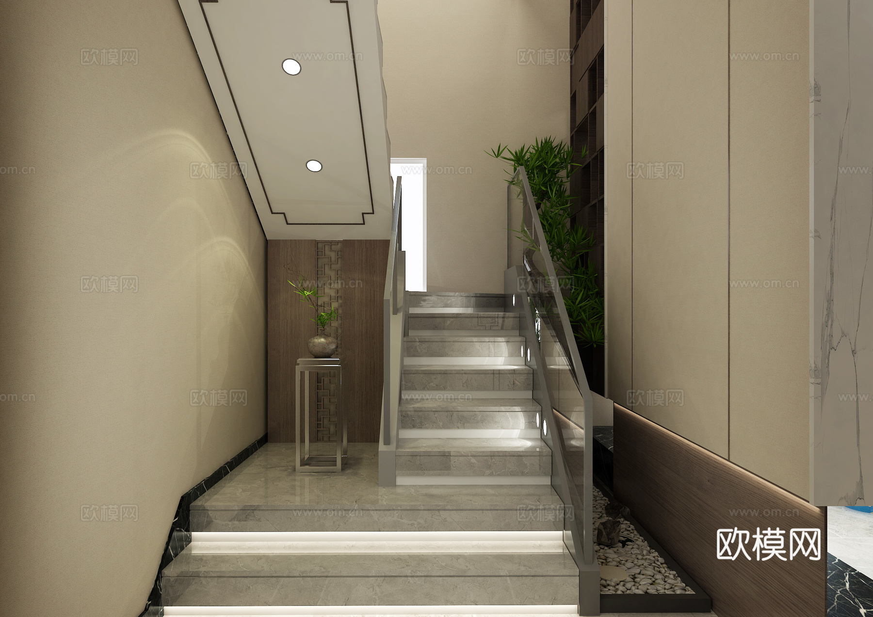 禅意新中式复式大厅 吊灯 挂画3d模型