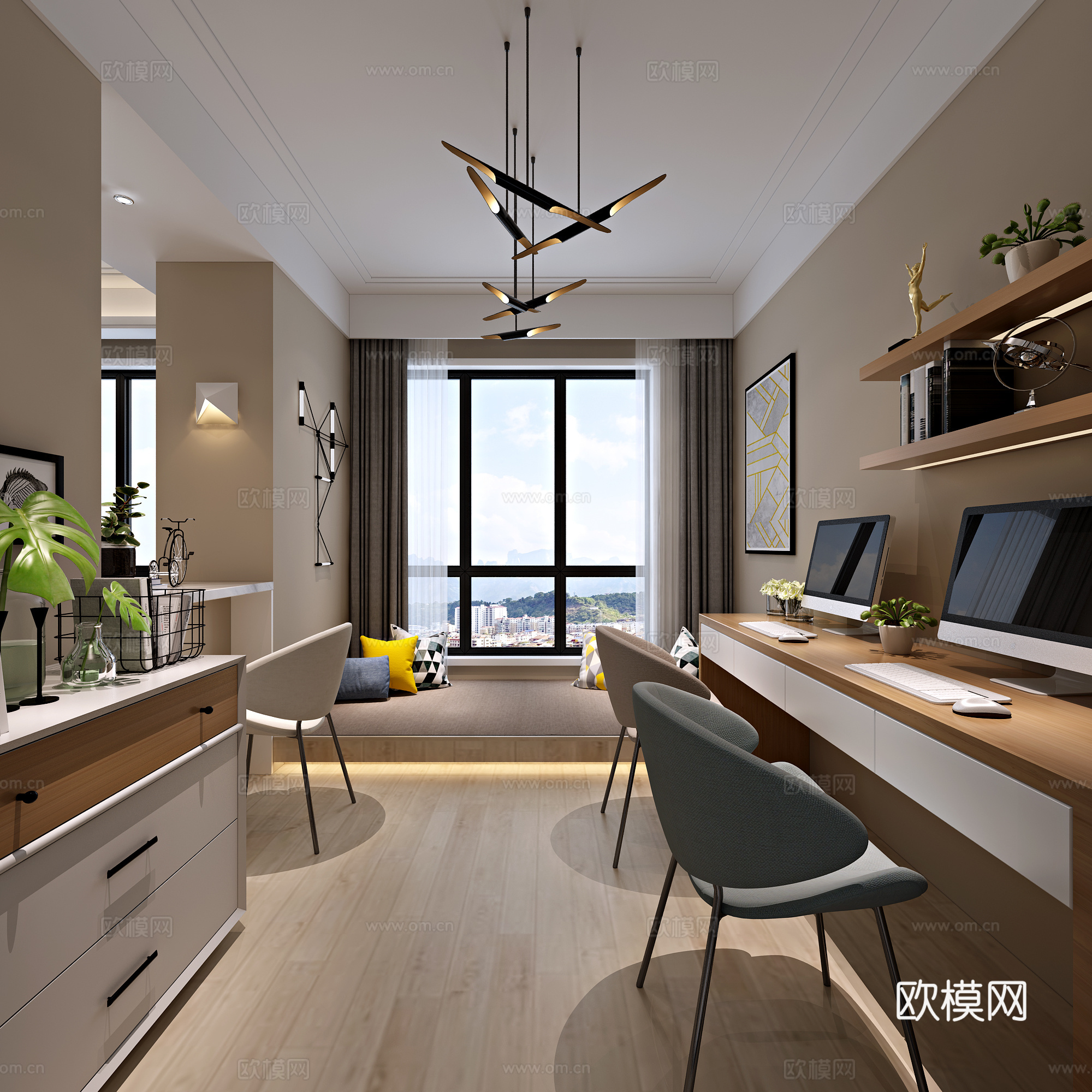 现代客餐厅书房 吊灯 台灯 多人沙发 茶几 装饰柜 摆件3d模型