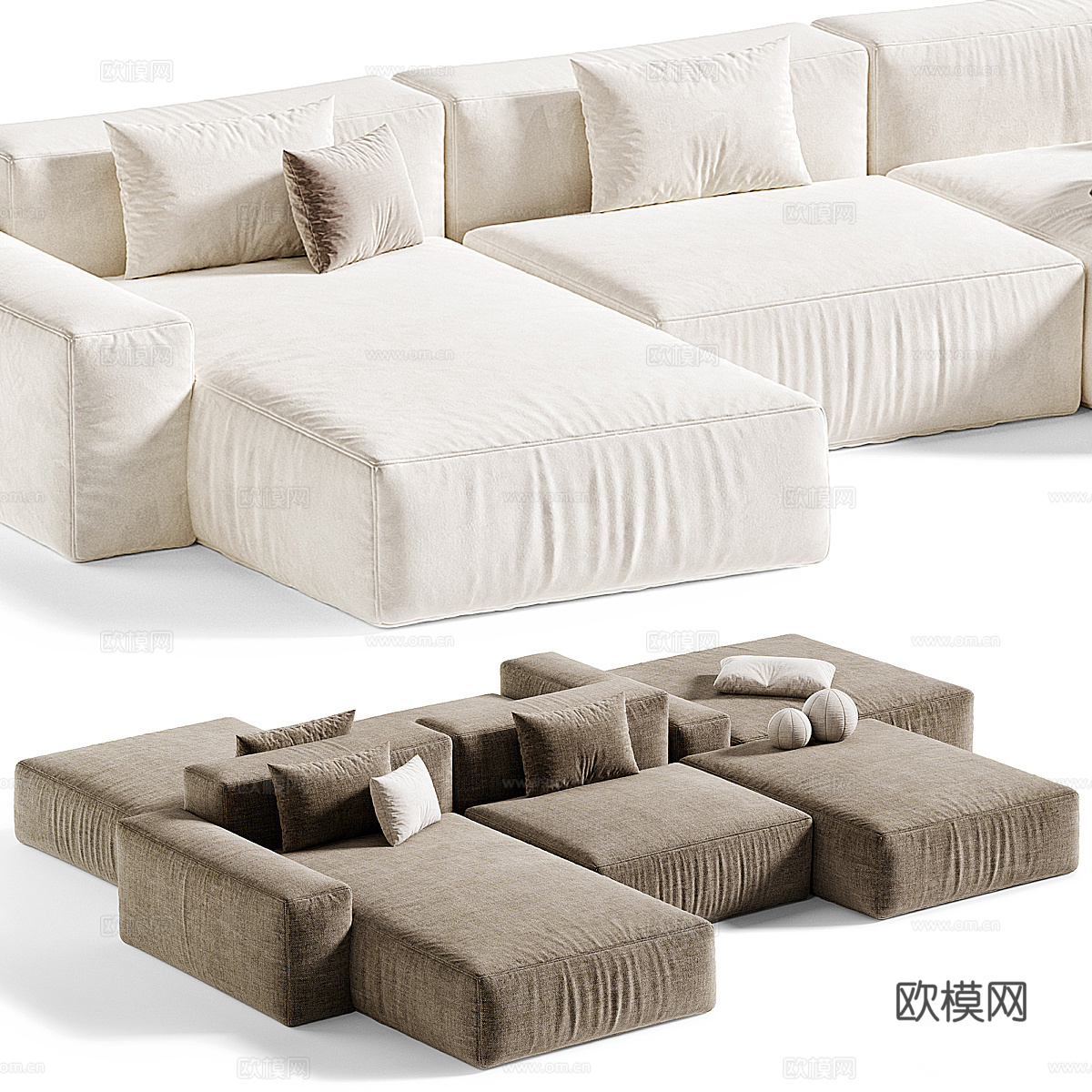 现代意式奶油风布艺组合沙发3d模型