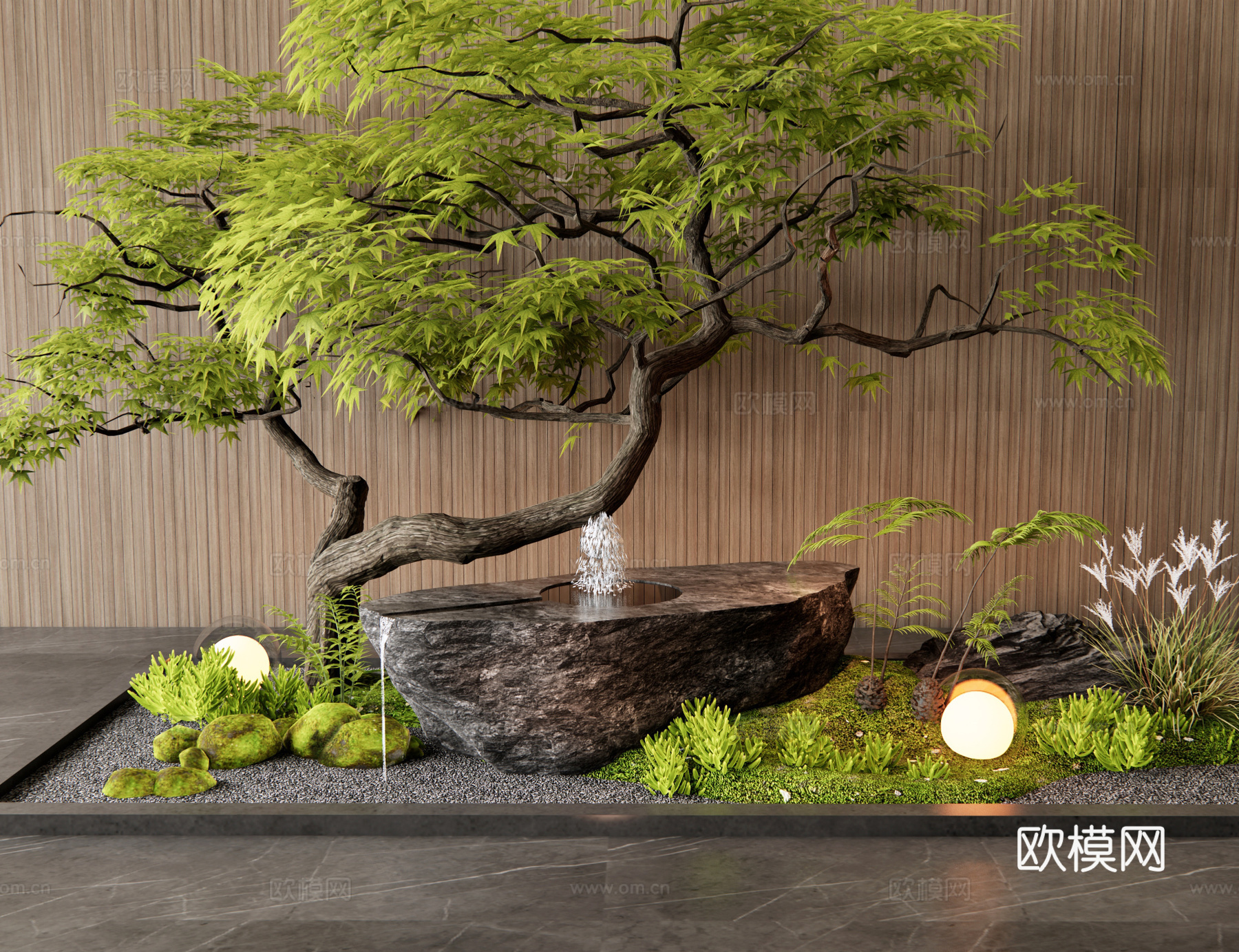 新中式水景 水钵 流水摆件 石臼水景 苔藓 羽毛枫 植物堆3d模型