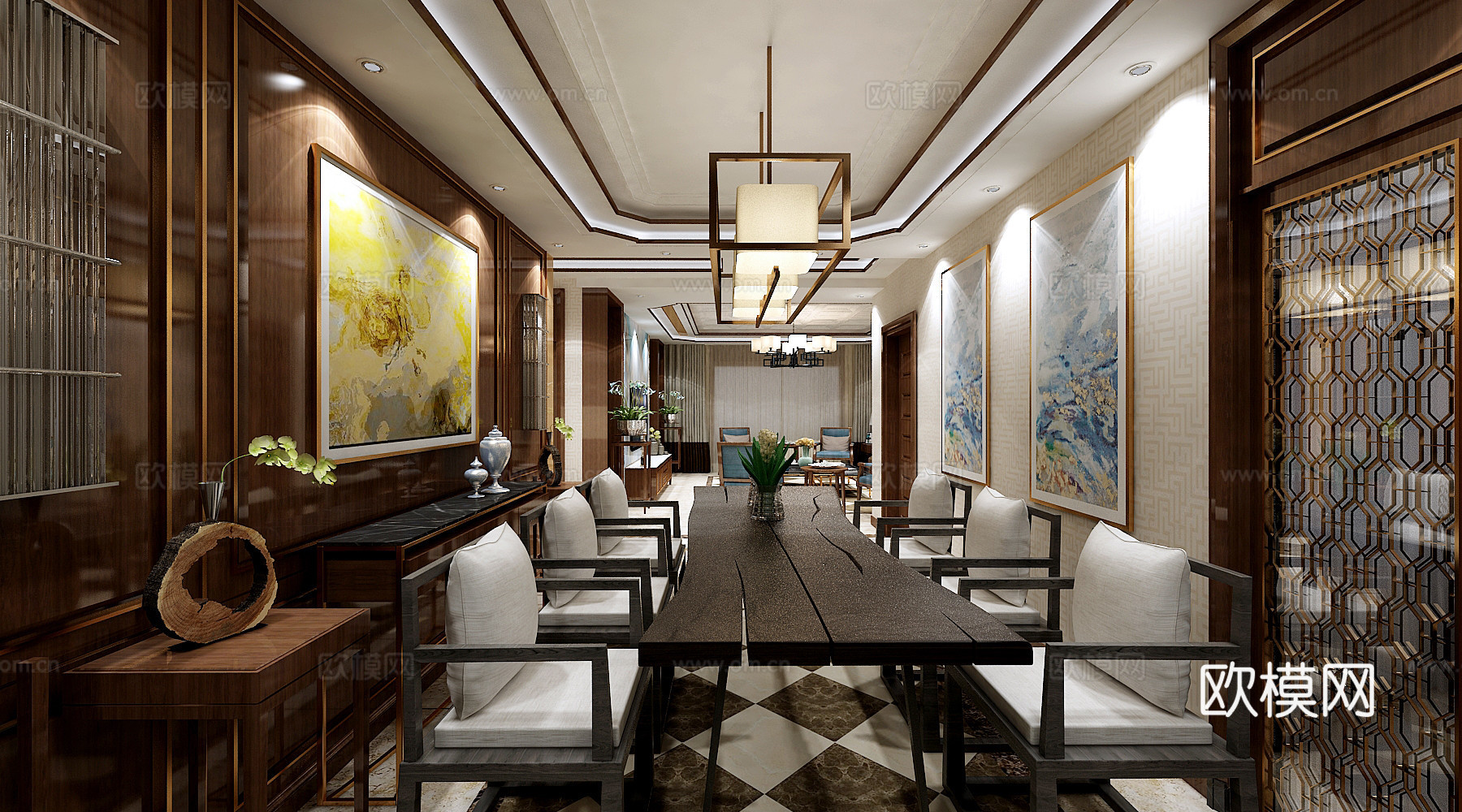 新中式客厅餐厅模型 客餐厅 沙发茶几 餐桌椅 客厅 吊灯3d模型