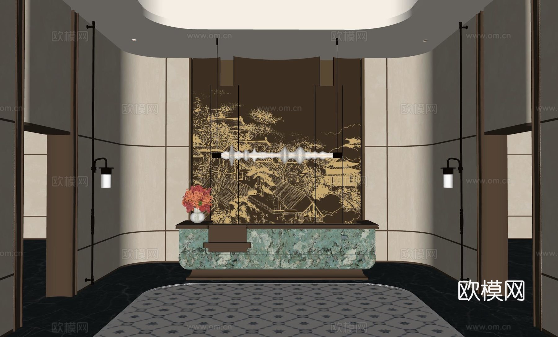 现代大厅前台 接待台 金属背景墙 酒店大厅 会所大厅su模型
