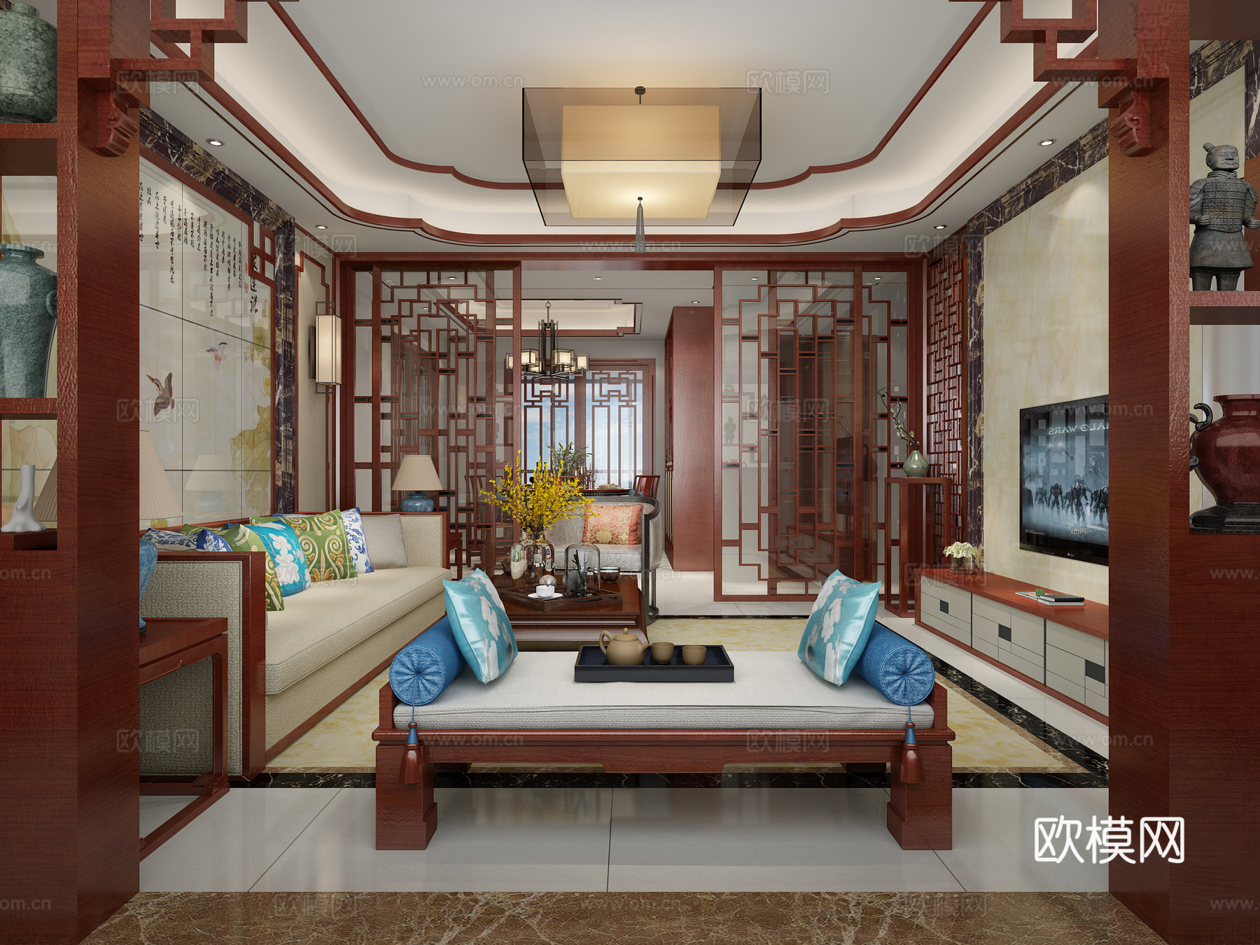 中式客餐厅 沙发茶几模型 餐桌椅组合3d模型
