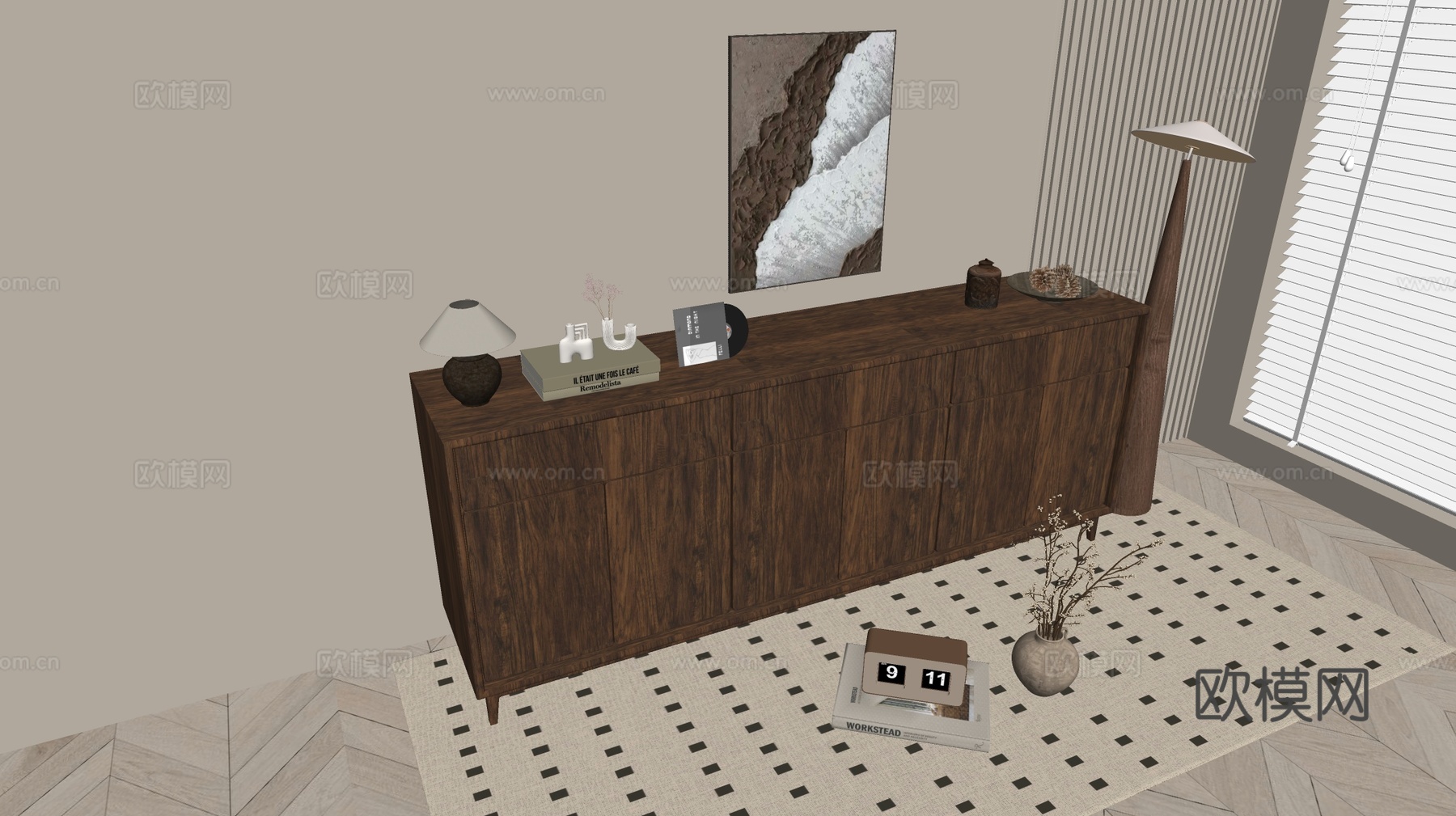 现代木纹柜 ins风极简风柜子  整体柜 餐边柜 阳台柜 储su模型下载（渲染图2）