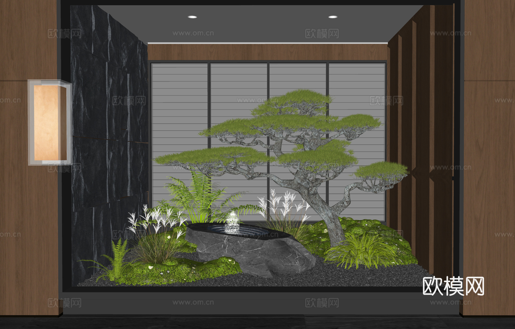 新中式室内景观 植物造景 水钵水景 苔藓 松树 罗汉松su模型