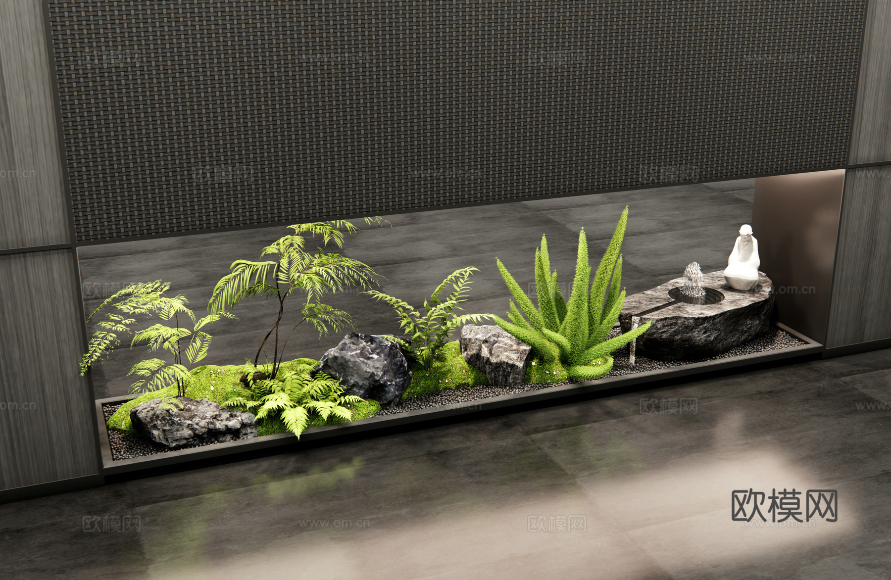 新中式室内景观 玄关造景 苔藓 水钵水景 石头 植物景观3d模型