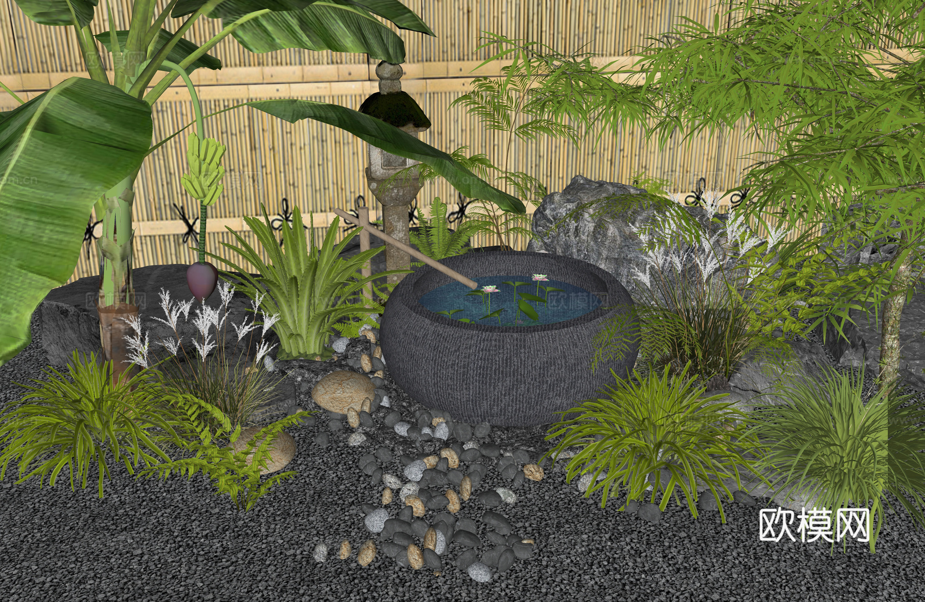 新中式水景 水钵 石臼水景 流水摆件 景观石头 羽毛枫 花草su模型