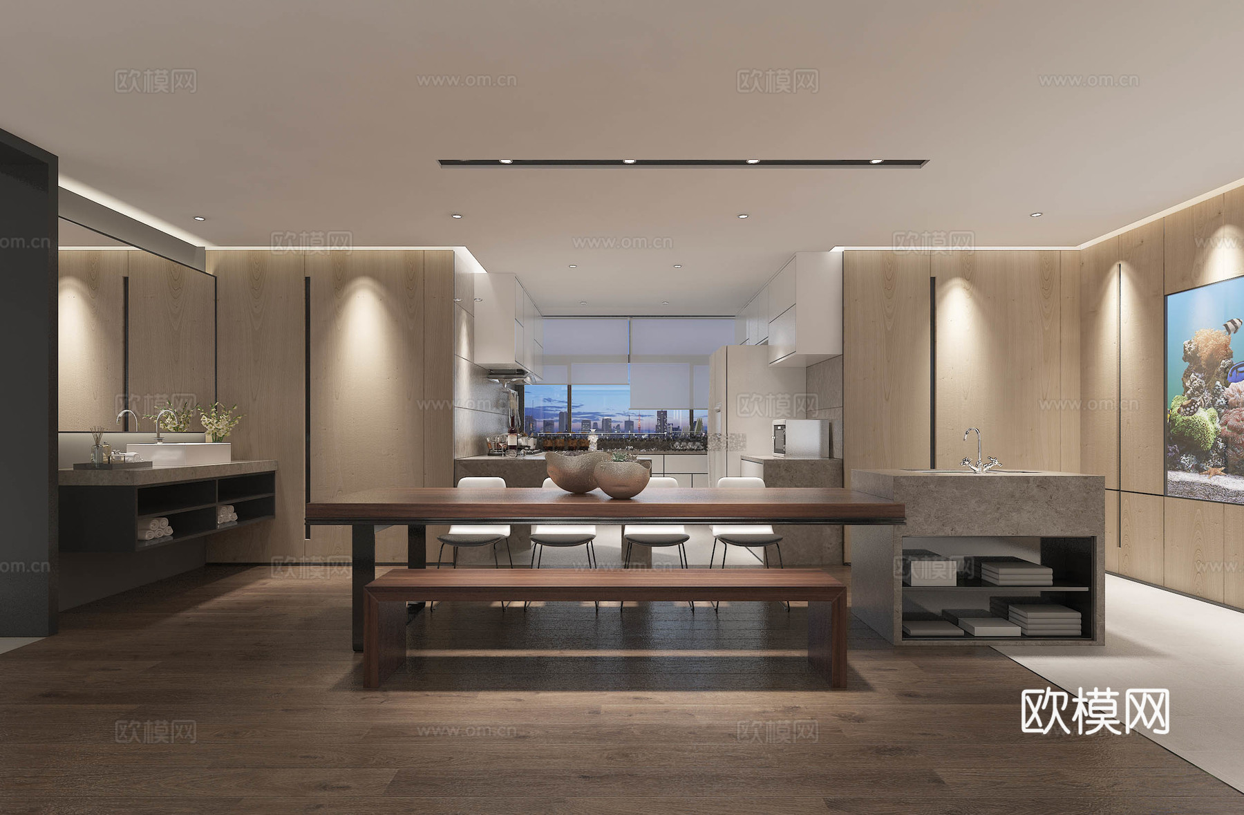 现代风格客厅餐厅 客餐厅 沙发茶几 餐桌椅 客厅 吊灯3d模型