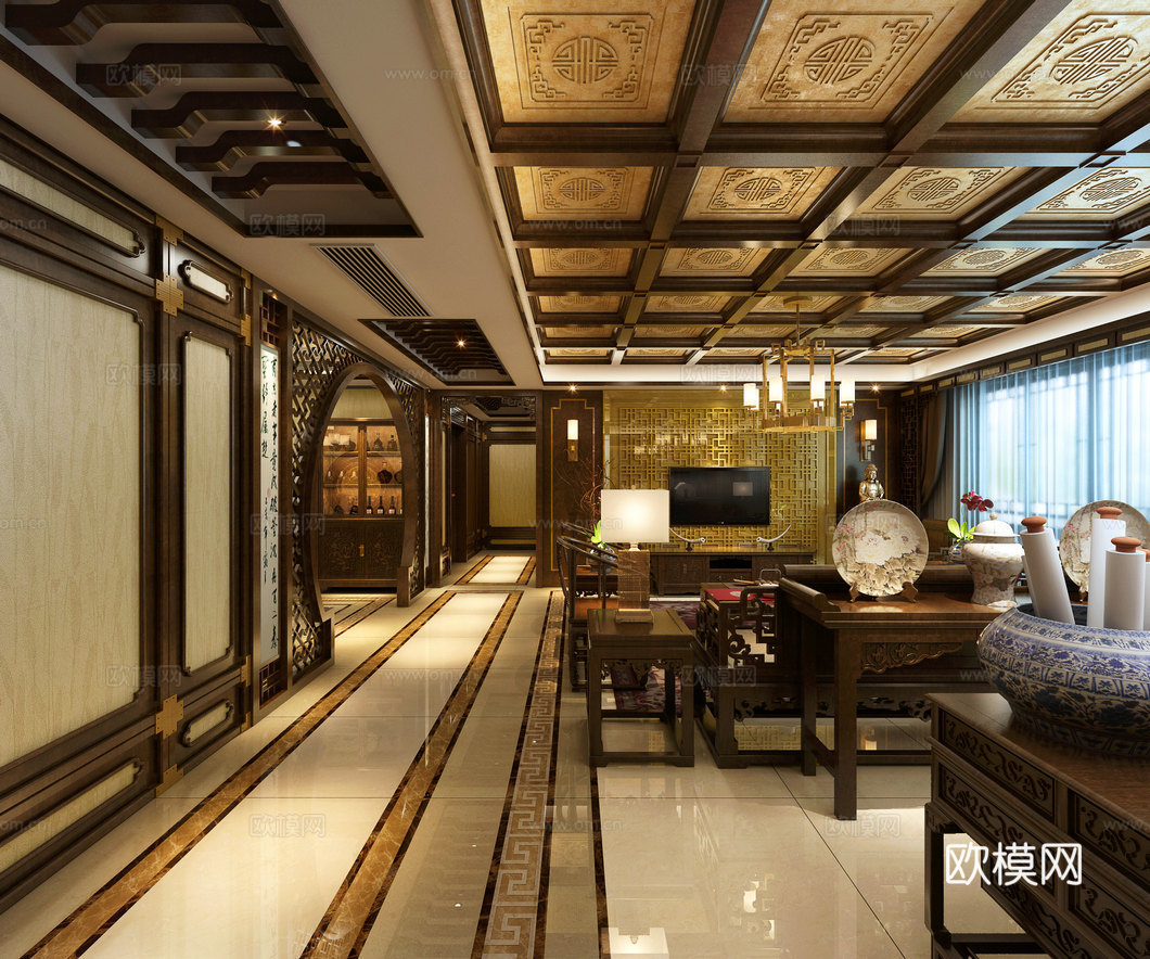 中式客厅餐厅模型 沙发茶几 餐桌椅 挂画 物件摆件 吊灯3d模型